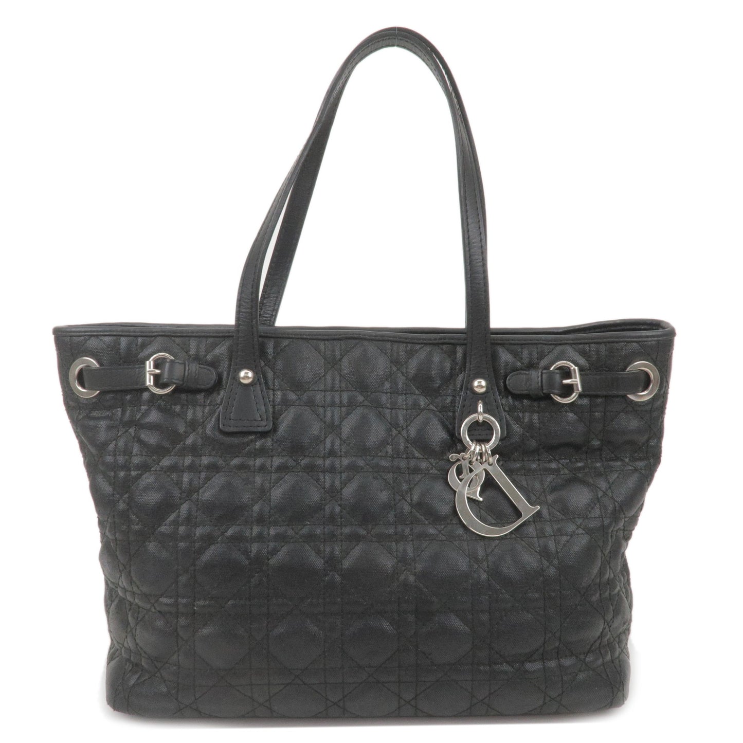 Christian-Dior-Cannage-Panarea-Canvas-Leather-Tote-Bag-Black