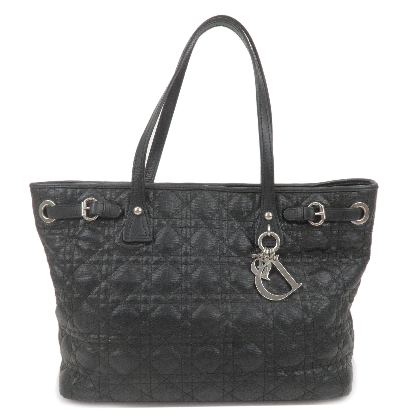 Christian-Dior-Cannage-Panarea-Canvas-Leather-Tote-Bag-Black
