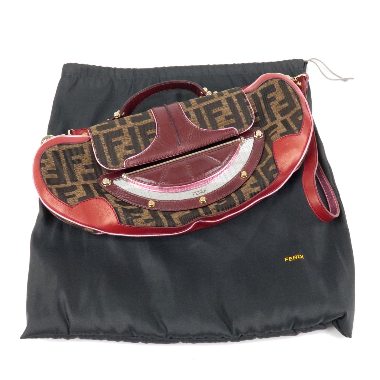 FENDI Zucca Canvas Leather 2Way Bag HandBag Khaki Black Red 8BN133