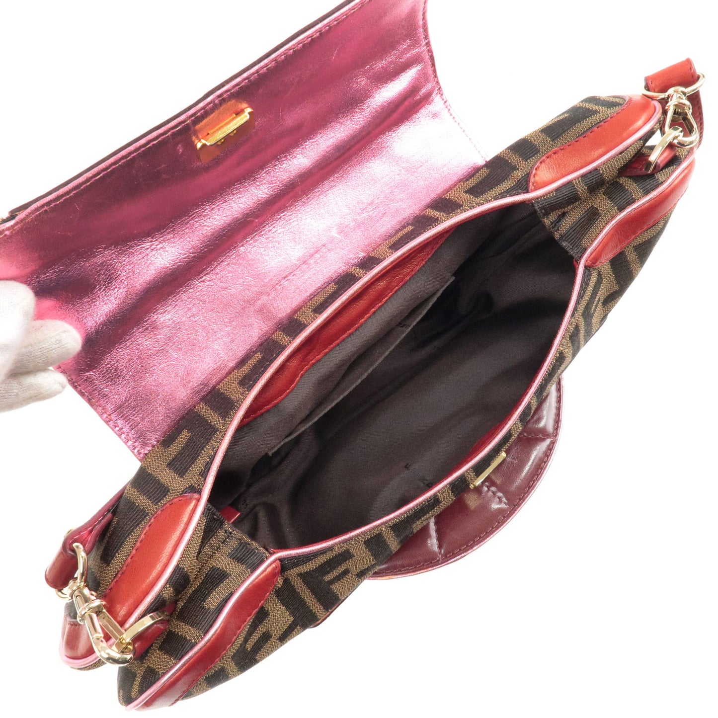 FENDI Zucca Canvas Leather 2Way Bag HandBag Khaki Black Red 8BN133
