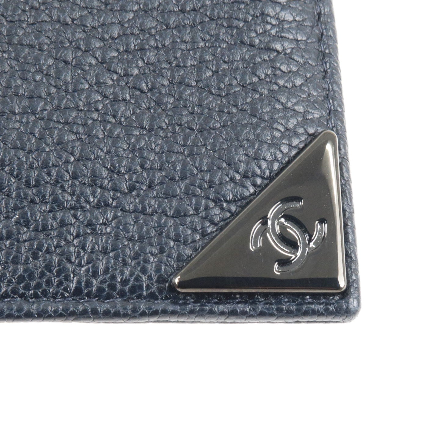 CHANEL Logo Calf Leather Card Case Pass Case Navy