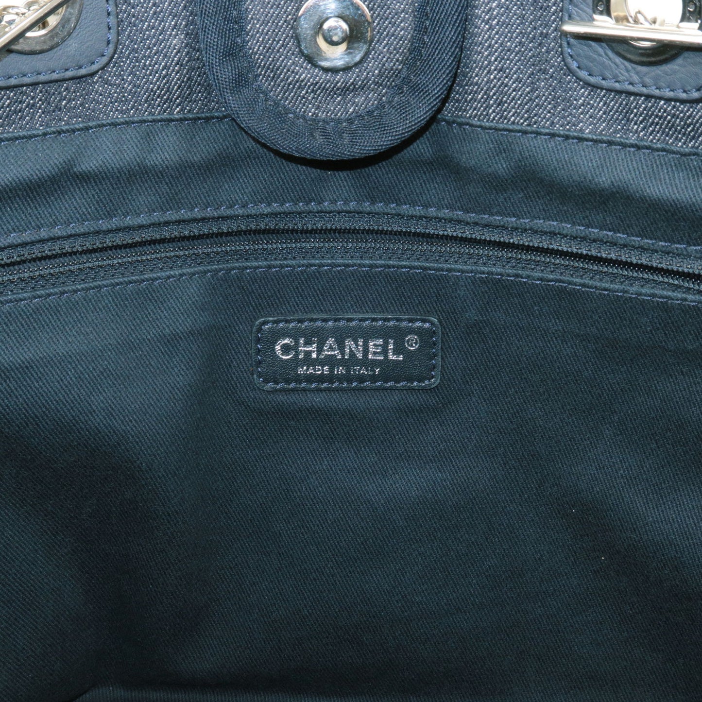 CHANEL Deauville Line Denim Leather MM Chain Tote Bag Blue A67001