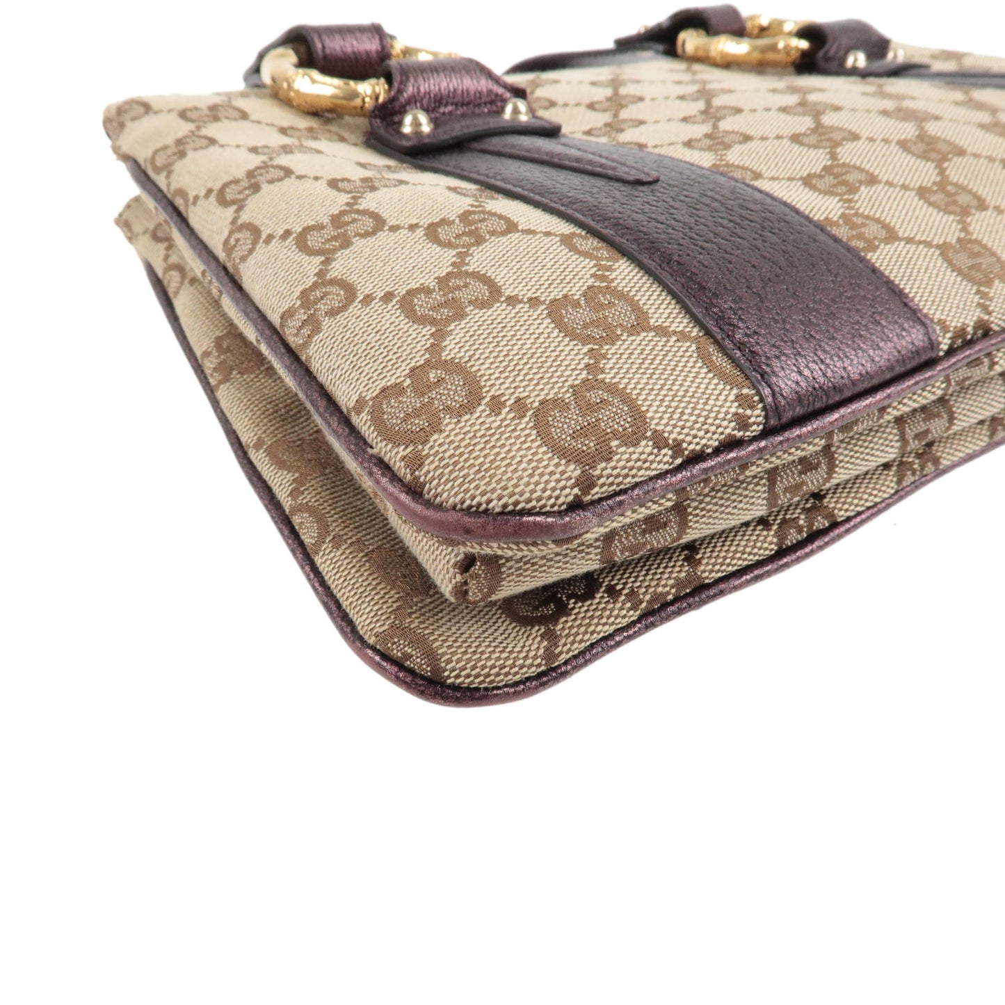 GUCCI GG Canvas Leather Hand Bag Purple Beige Brown 131324
