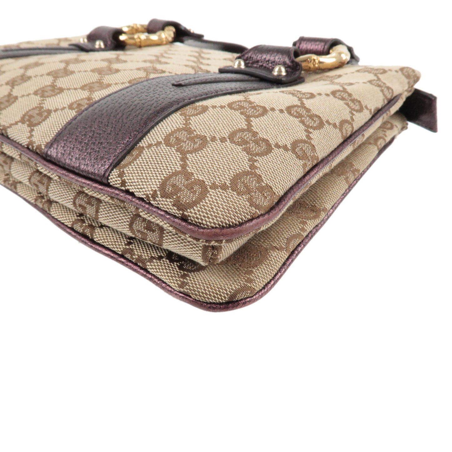 GUCCI GG Canvas Leather Hand Bag Purple Beige Brown 131324