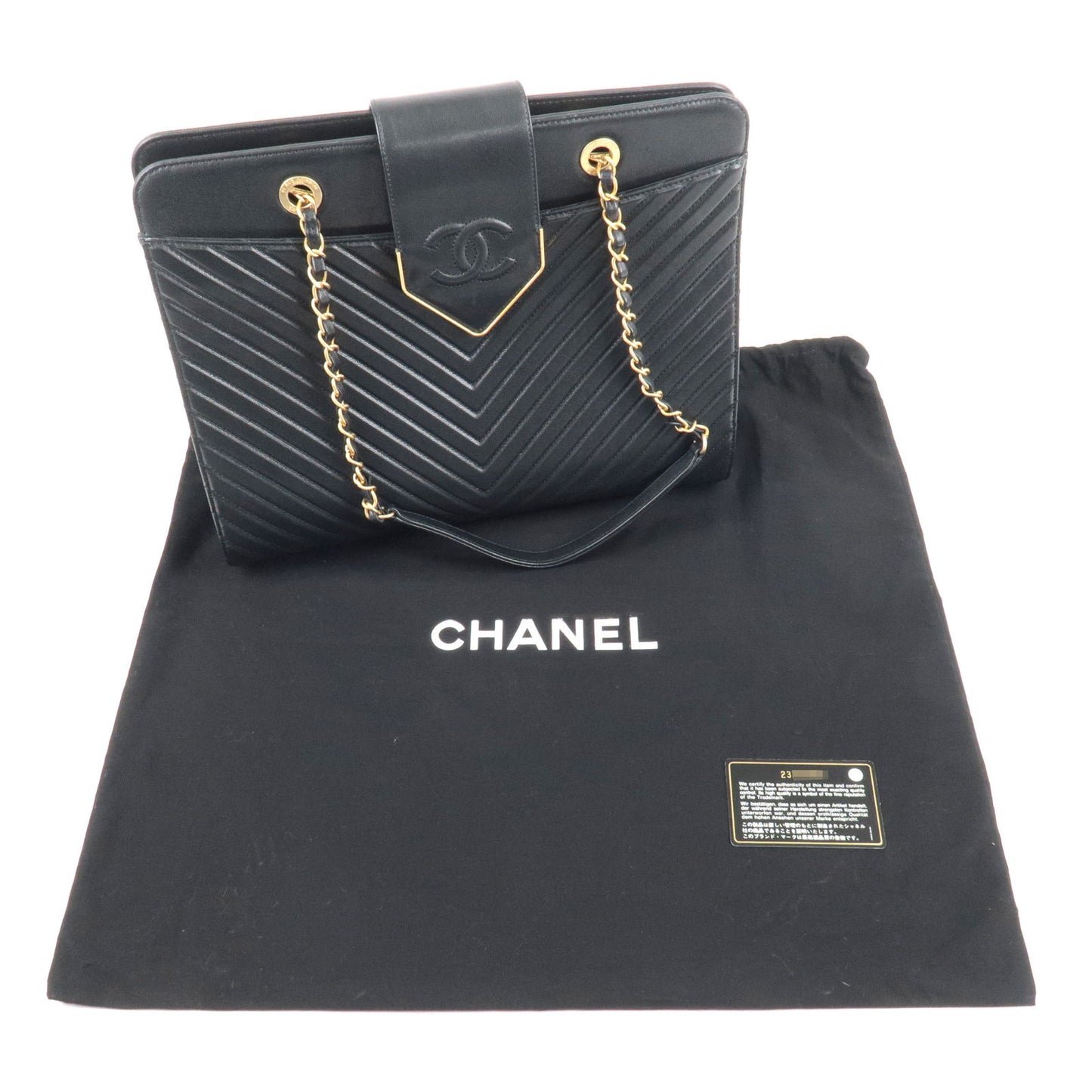 CHANEL V Stitch Calf Skin Leather Chain Tote Bag Black Gold