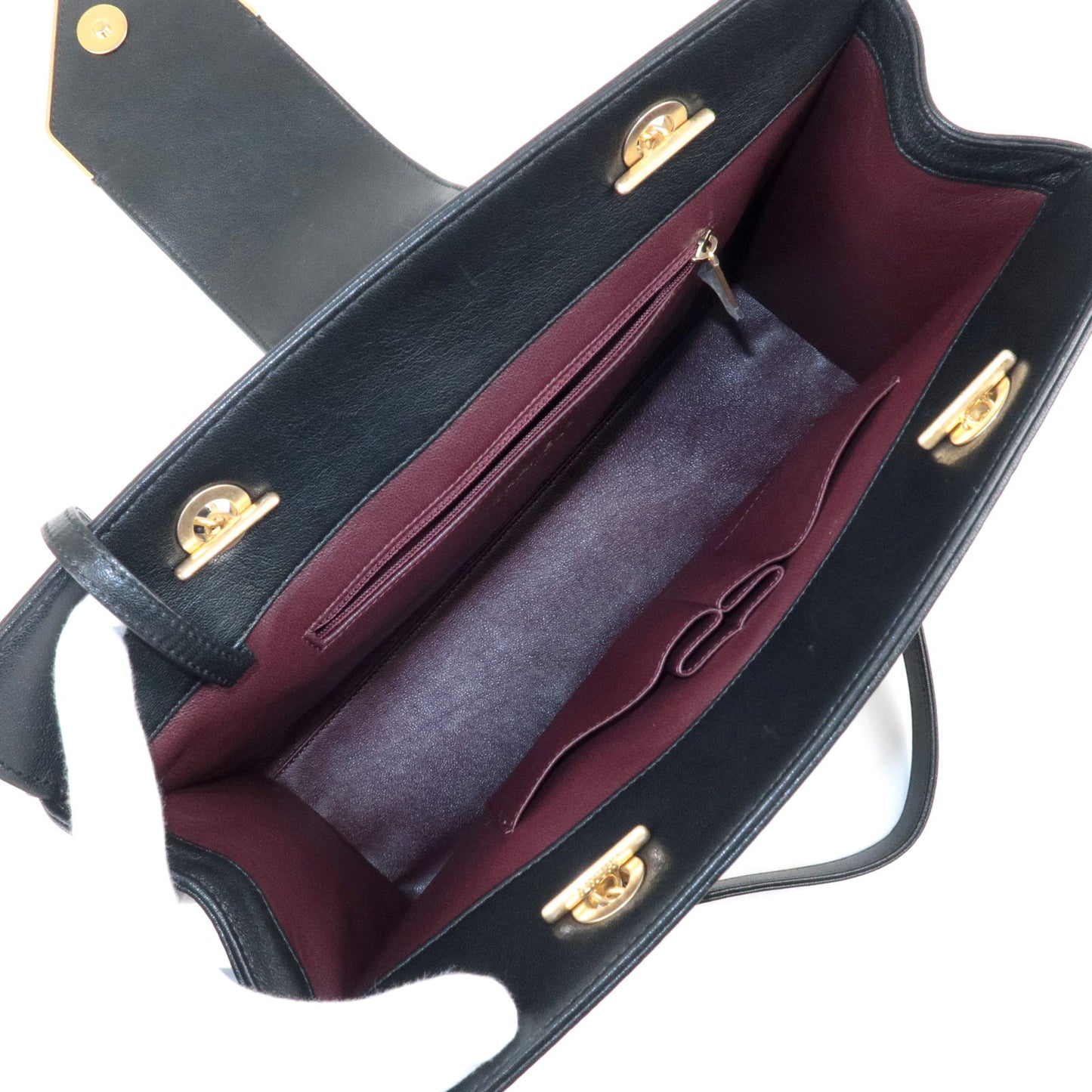CHANEL V Stitch Calf Skin Leather Chain Tote Bag Black Gold