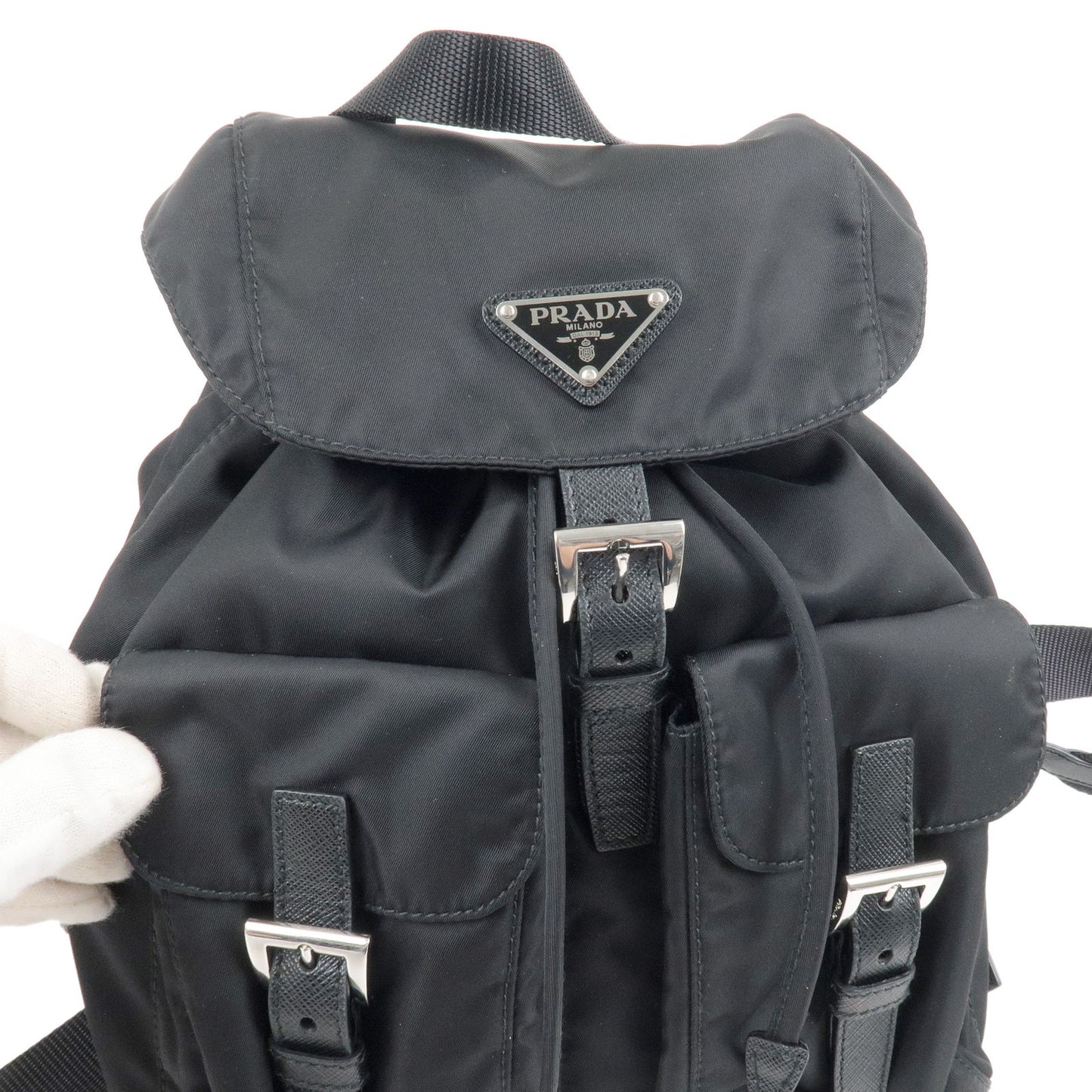 PRADA Logo Nylon Leather Back Pack Ruck Sack NERO Black 1BZ677