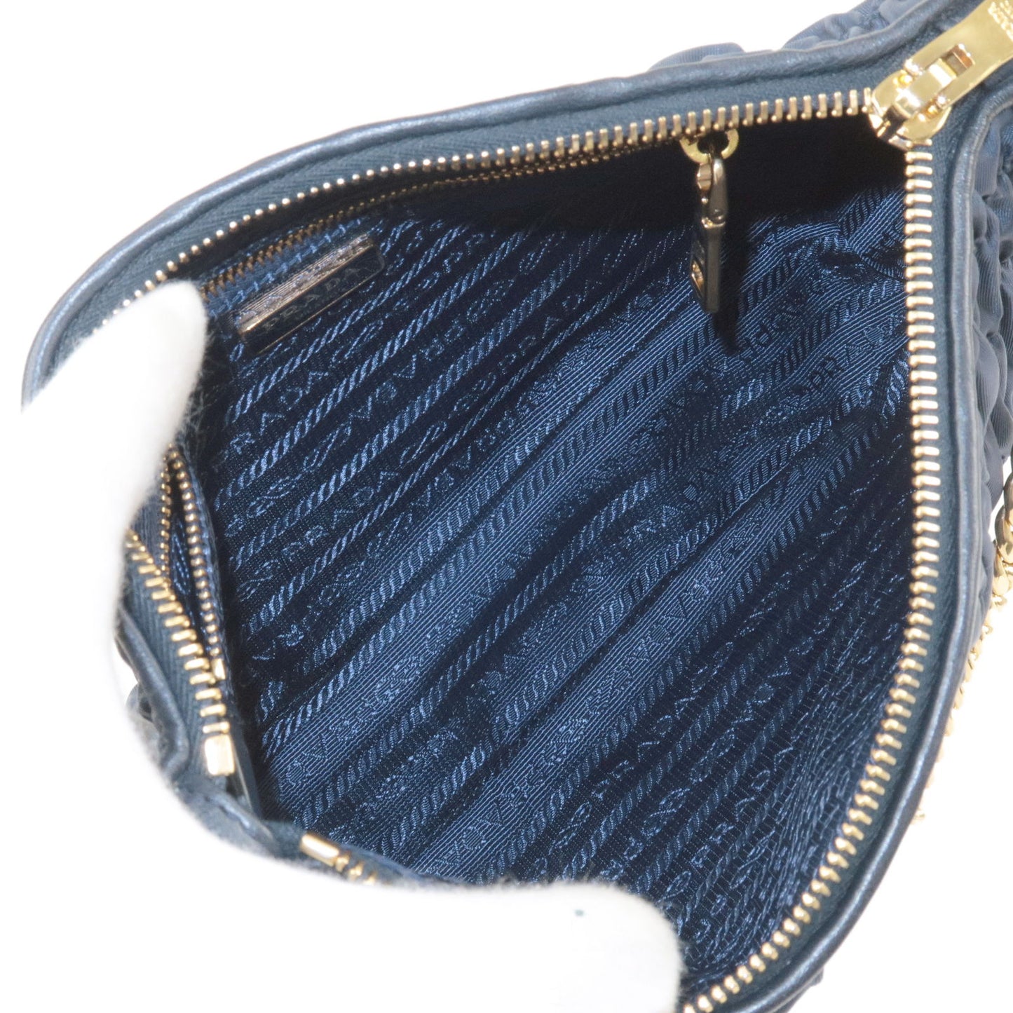 PRADA Logo Nylon Leather Chain Shoulder Bag Navy 1BH152