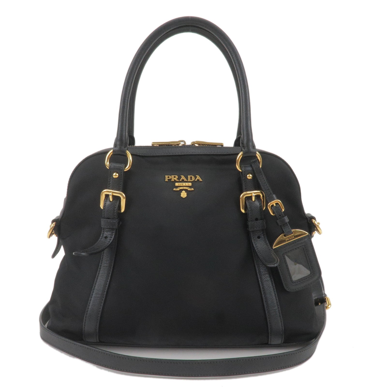 PRADA-Logo-Nylon-Leather-2Way-Bag-Hand-Bag-Shoulder-Bag-Black