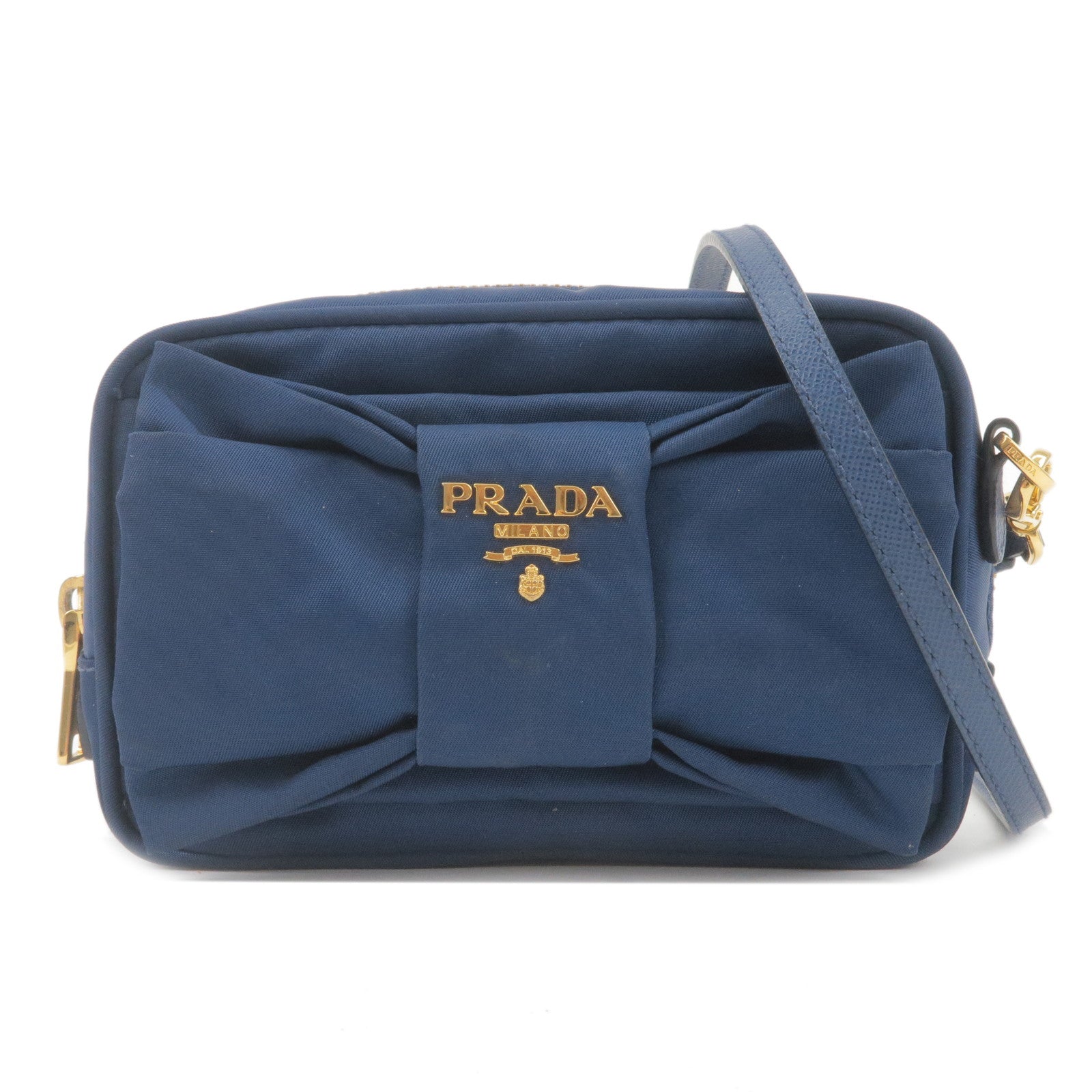 PRADA-Logo-Nylon-Leather-Ribbon-Shoulder-Bag-Navy-1NF727