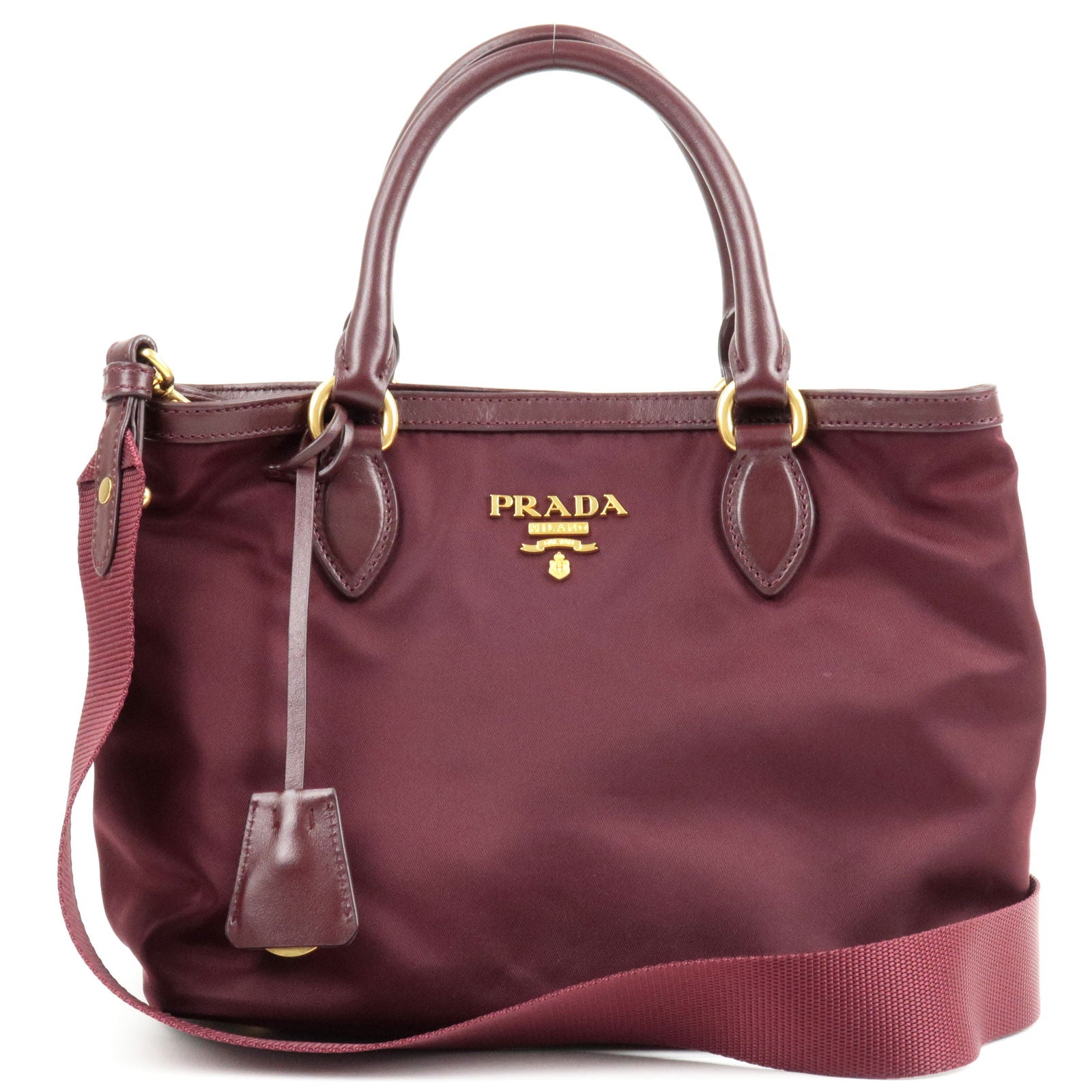 PRADA-Logo-Nylon-Leather-2Way-Bag-Hand-Bag-Granato-Bordeaux-1BA172