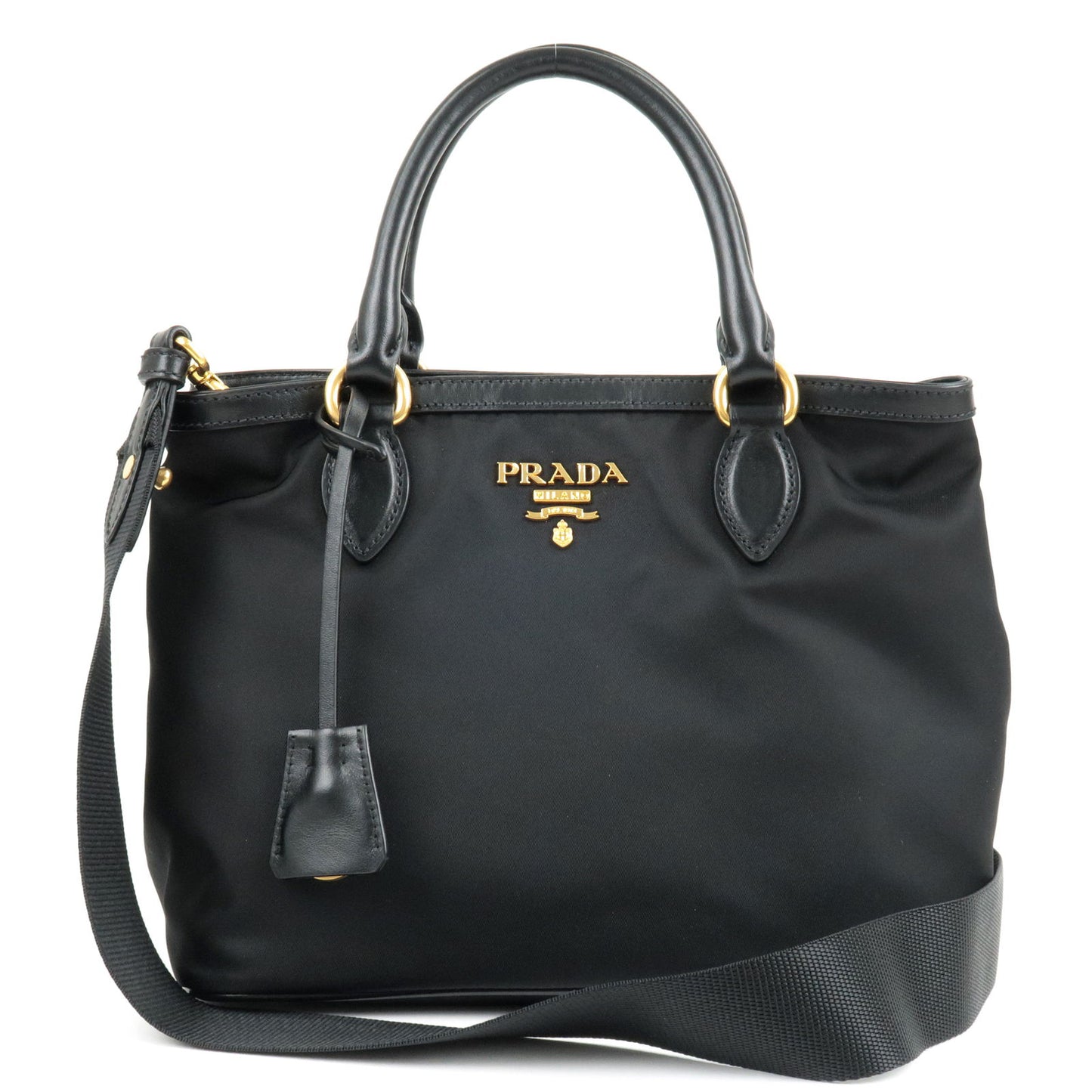 PRADA-Logo-Nylon-Leather-2Way-Bag-Hand-Bag-Black-NERO-1BA172