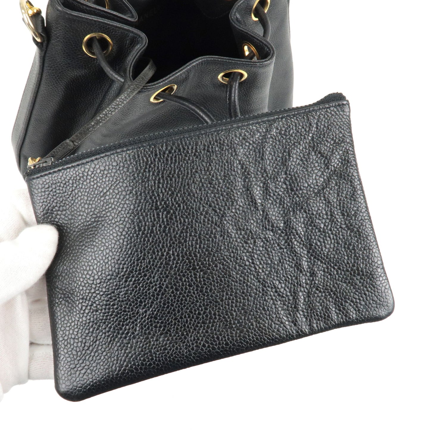 CHANEL Caviar Skin 2Way Drawstring Bag Black Gold Hardware