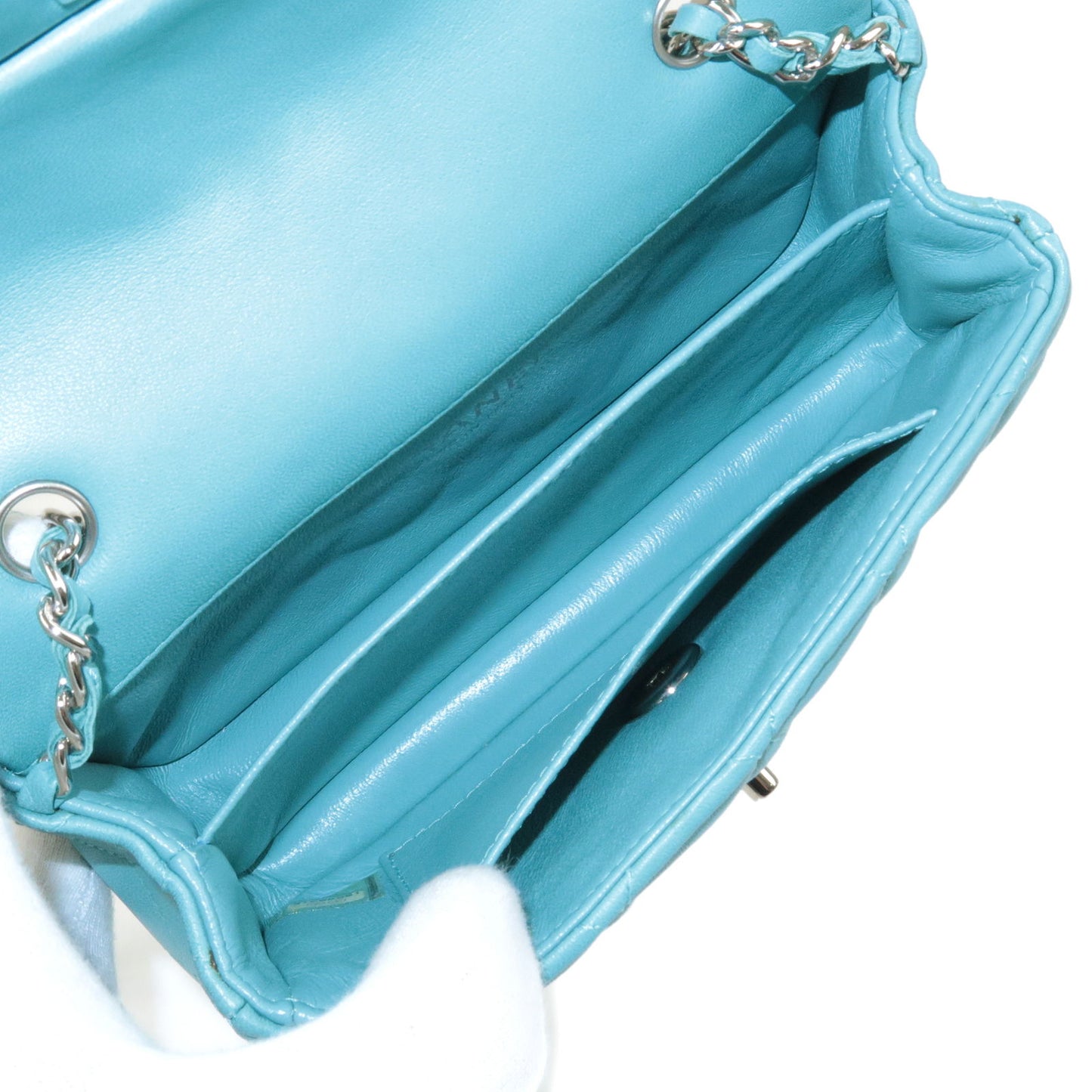 CHANEL Matelasse Lamb Skin Mini Chain Shoulder Bag Turquoise Blue