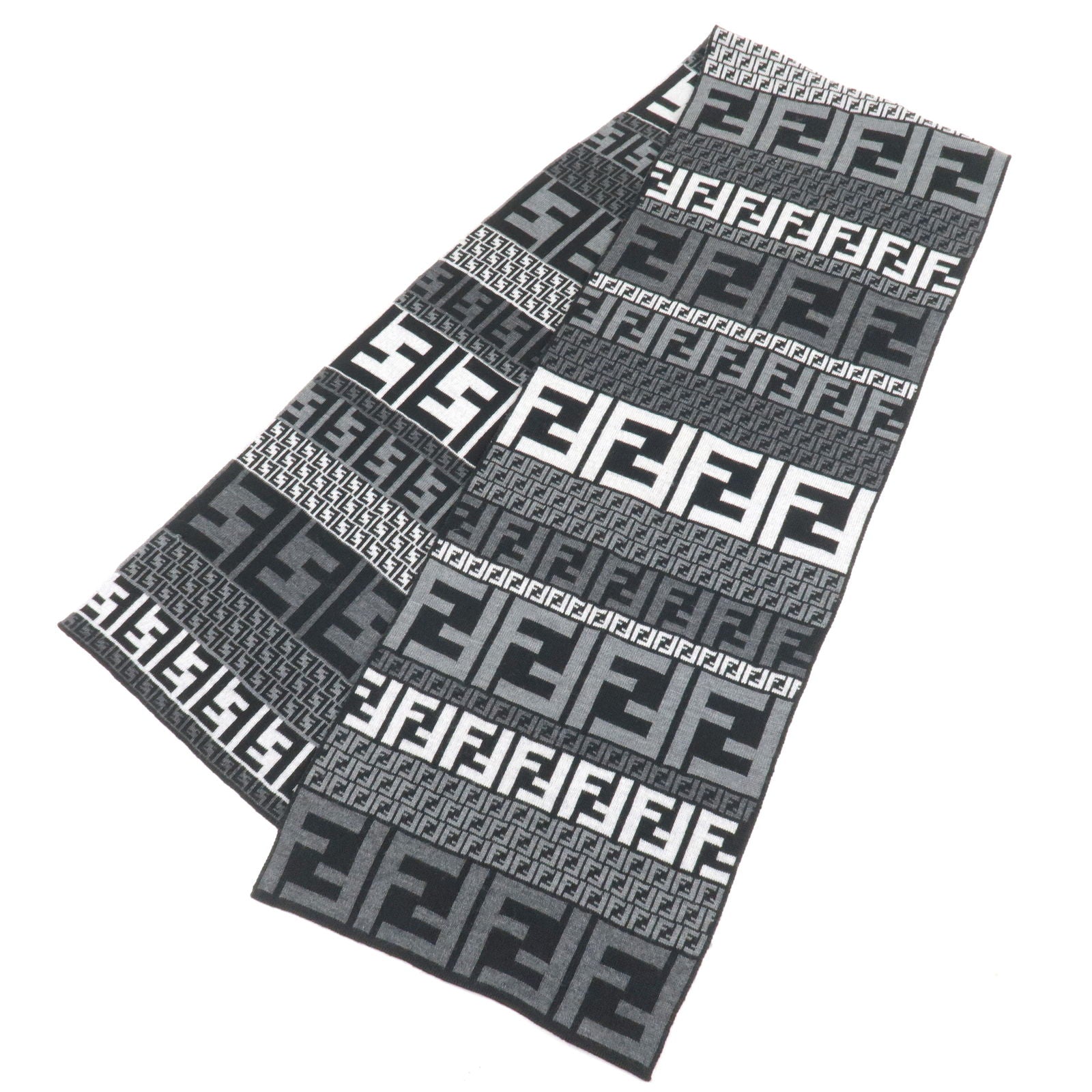 FENDI-Zucca-Print-Logo-Wool-Silk-Scarf-Black-Gray