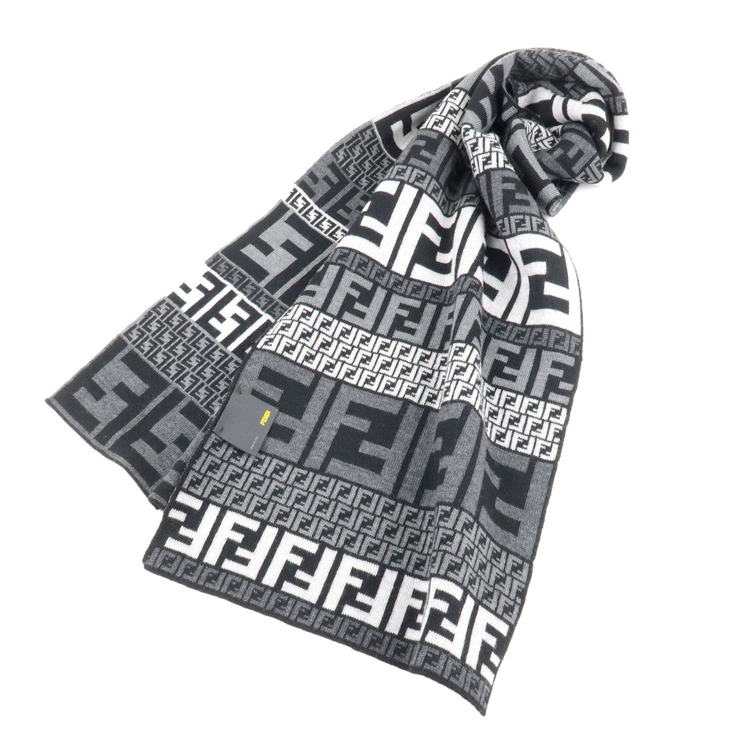 FENDI Zucca Print Logo Wool Silk Scarf Black Gray