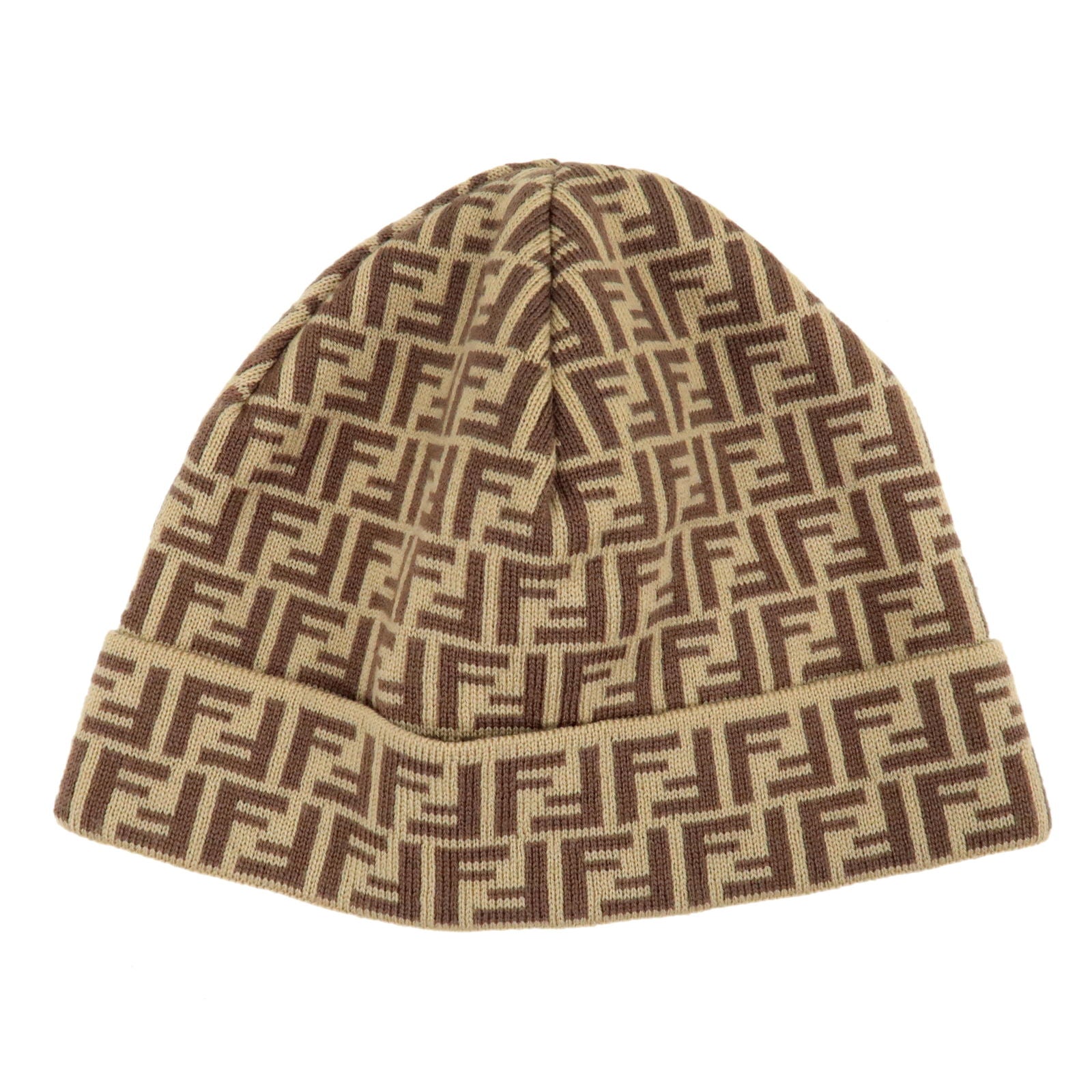 FENDI-Zucchino-Logo-Wool-100%-Knit-Hat-Beanie-Beige-Brown