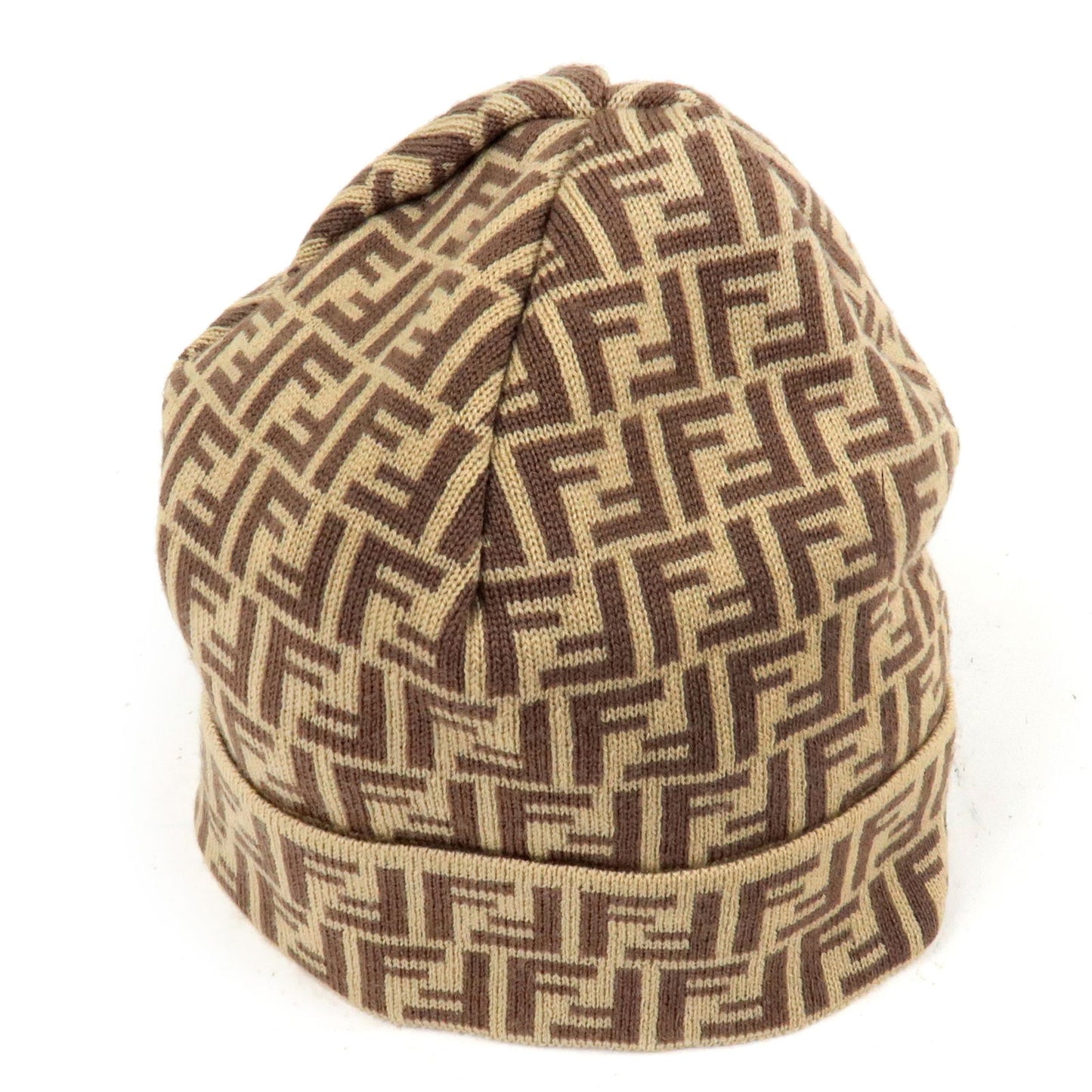 FENDI Zucchino Logo Wool 100% Knit Hat Beanie Beige Brown