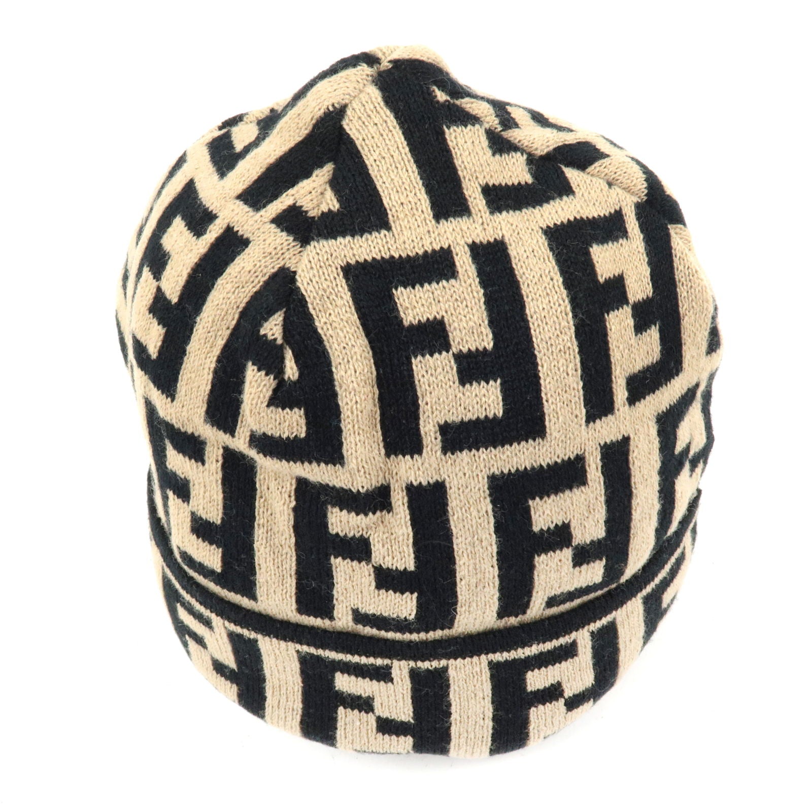 FENDI Zucca Logo Knit Hat Beanie Beige Black