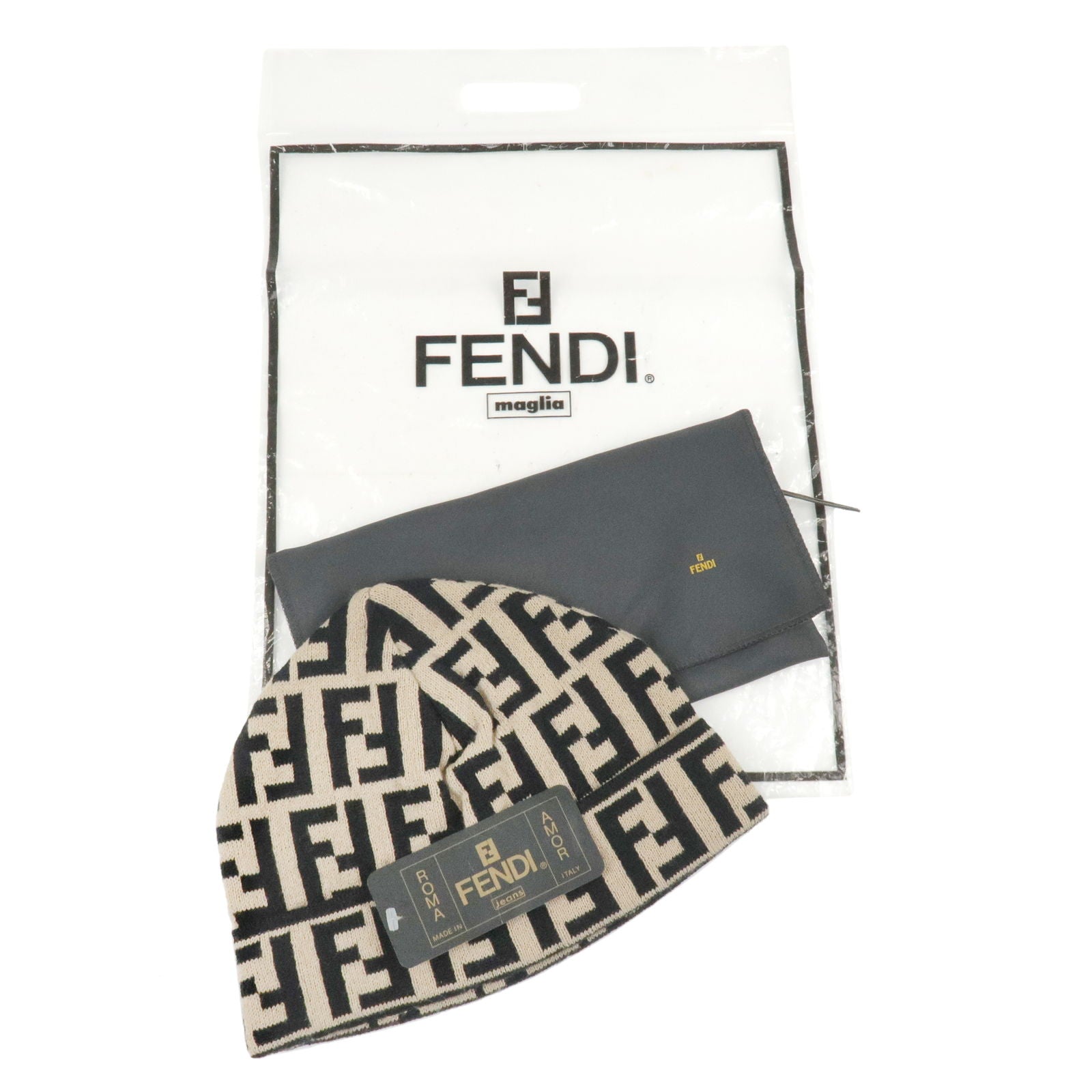 FENDI Zucca Logo Knit Hat Beanie Beige Black