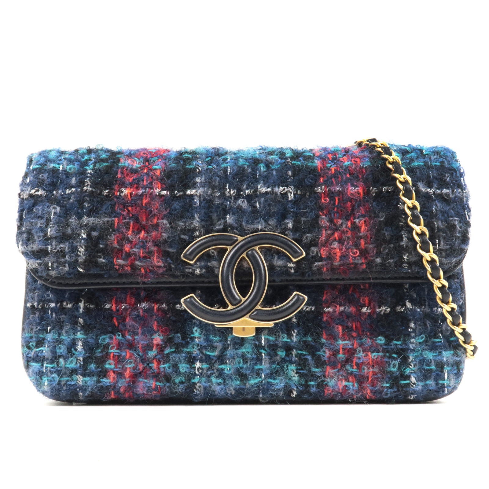 CHANEL-Tweed-Leather-Double-Flap-Chain-Shoulder-Bag-Navy