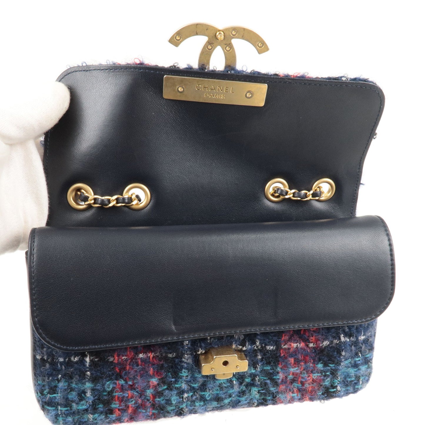 CHANEL Tweed Leather Double Flap Chain Shoulder Bag Navy