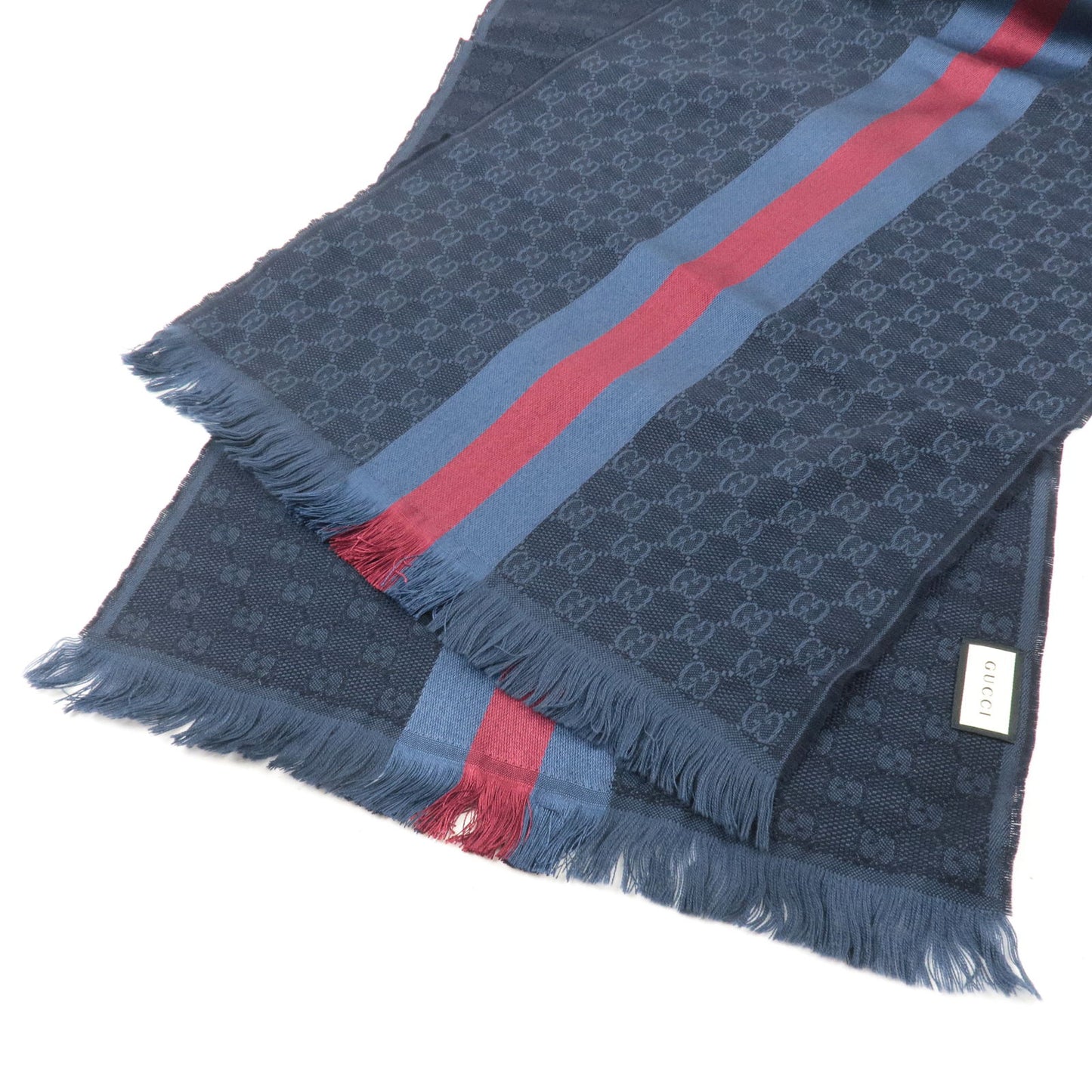 GUCCI Webbing Line Wool 80% Silk 20% Knit Scarf Navy 544620