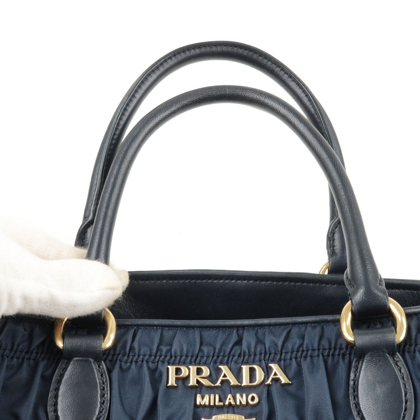 PRADA Nylon Leather Gather 2Way Bag Hand Bag Navy Gold HDW 1BA173