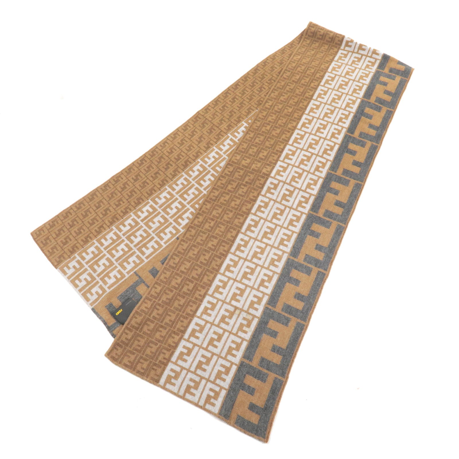 FENDI-Zucca-Print-100%-Wool-Knit-Scarf-Brown-Gray-White