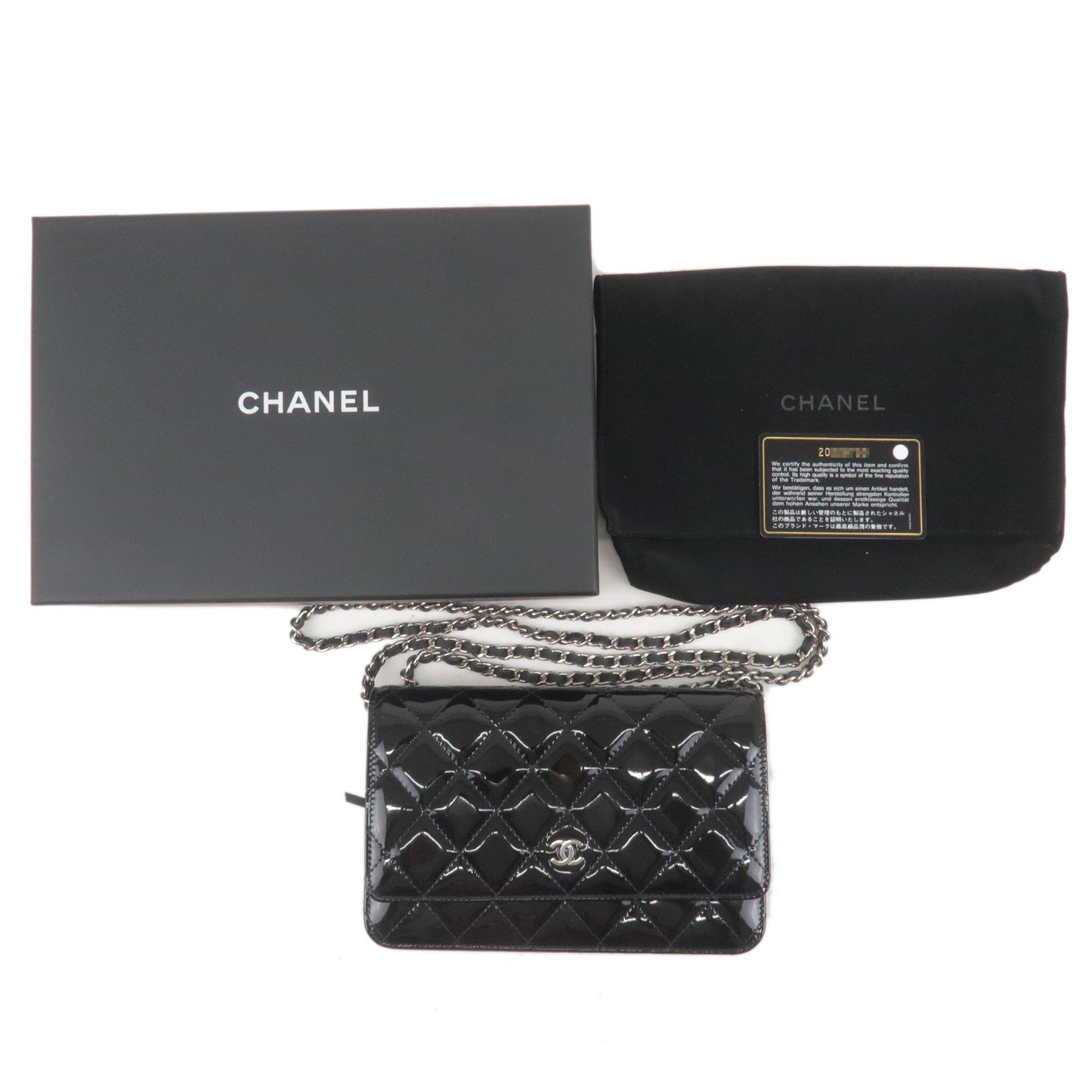 CHANEL-Matelasse-Patent-Leather-Chain-Wallet-WOC-Black-A33814