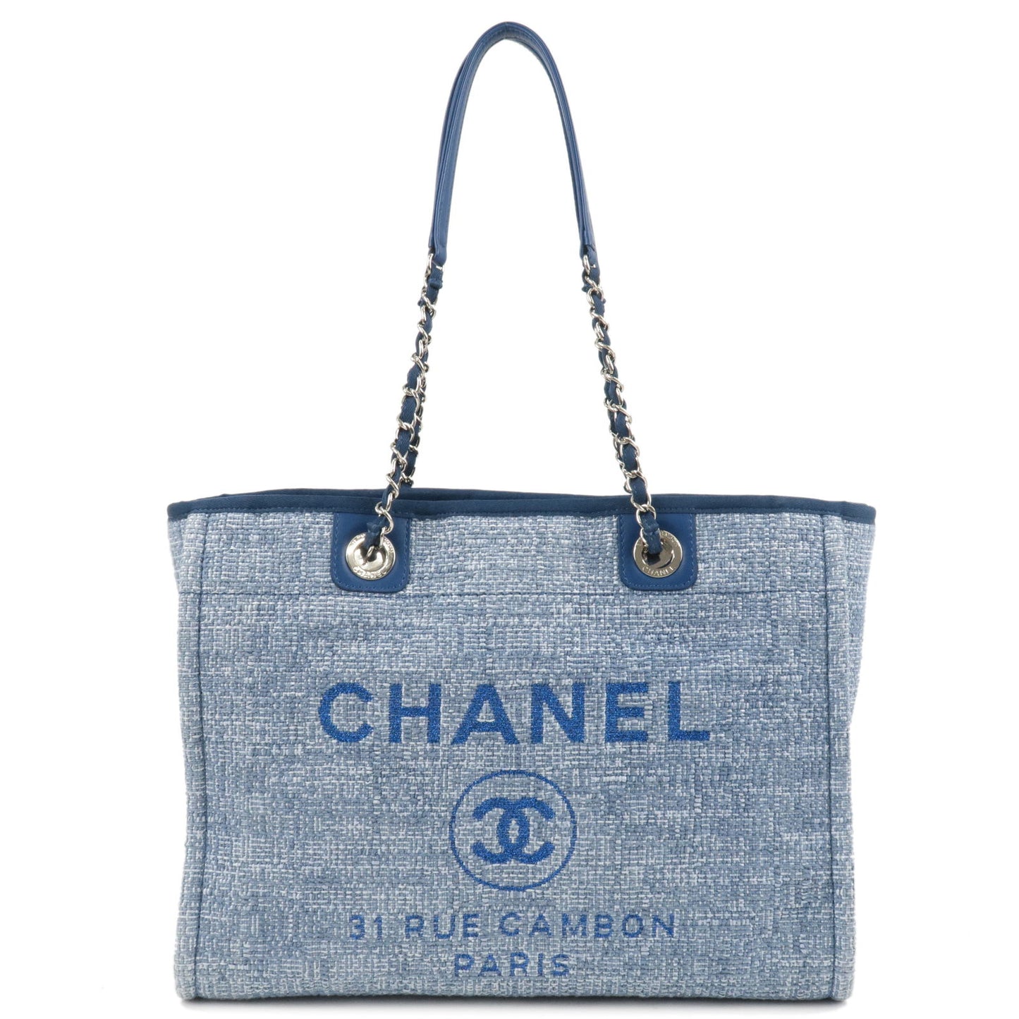 CHANEL 22B Dark Blue Maxi Shopping Bag L/XL Deauville Tote Pouch Denim Gold  NEW