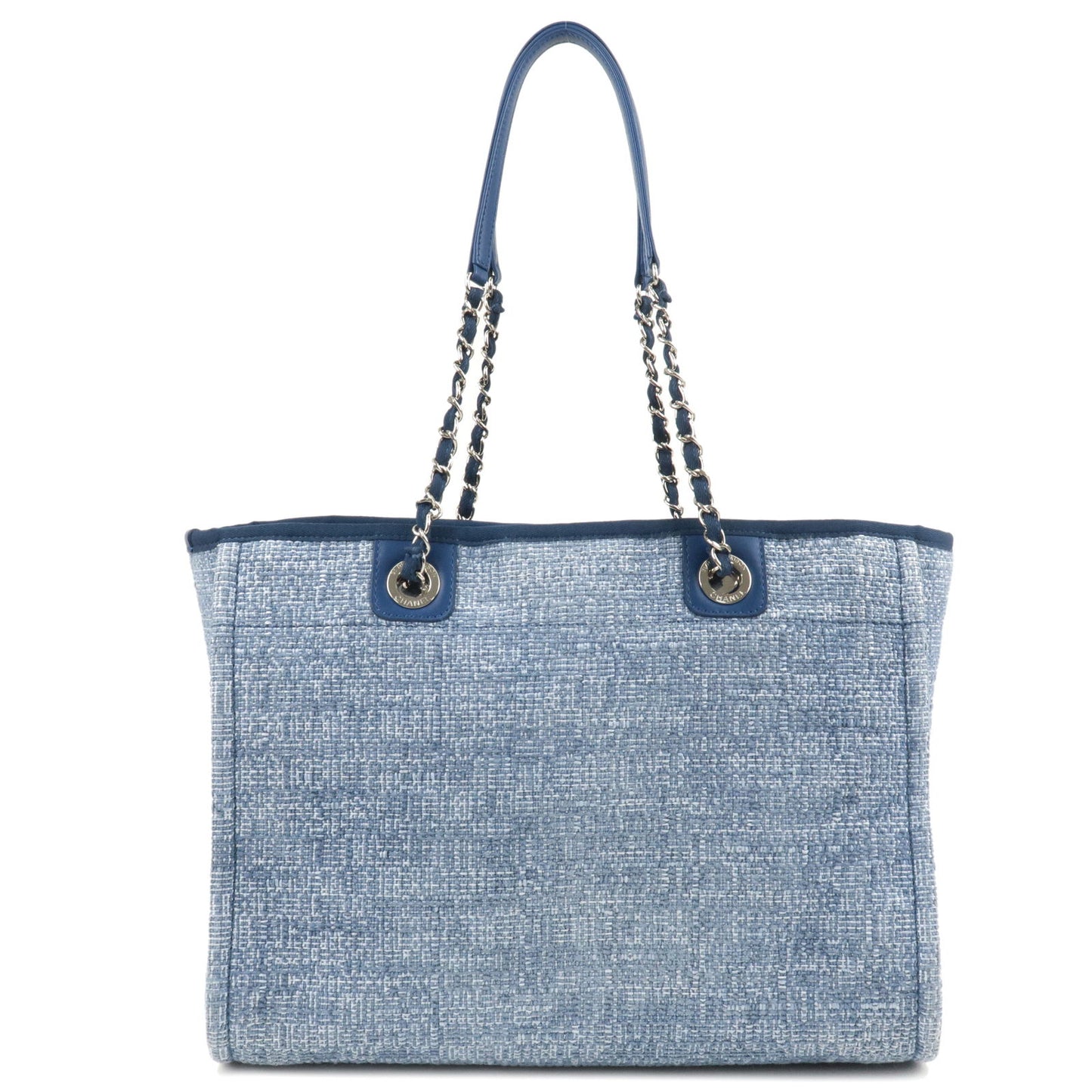 CHANEL Deauville MM Canvas Leather Chain Tote Bag Blue A67001
