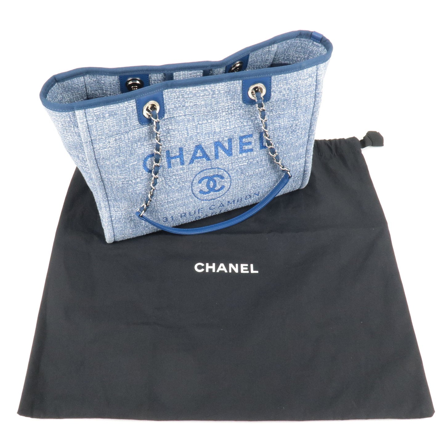 CHANEL Deauville MM Canvas Leather Chain Tote Bag Blue A67001