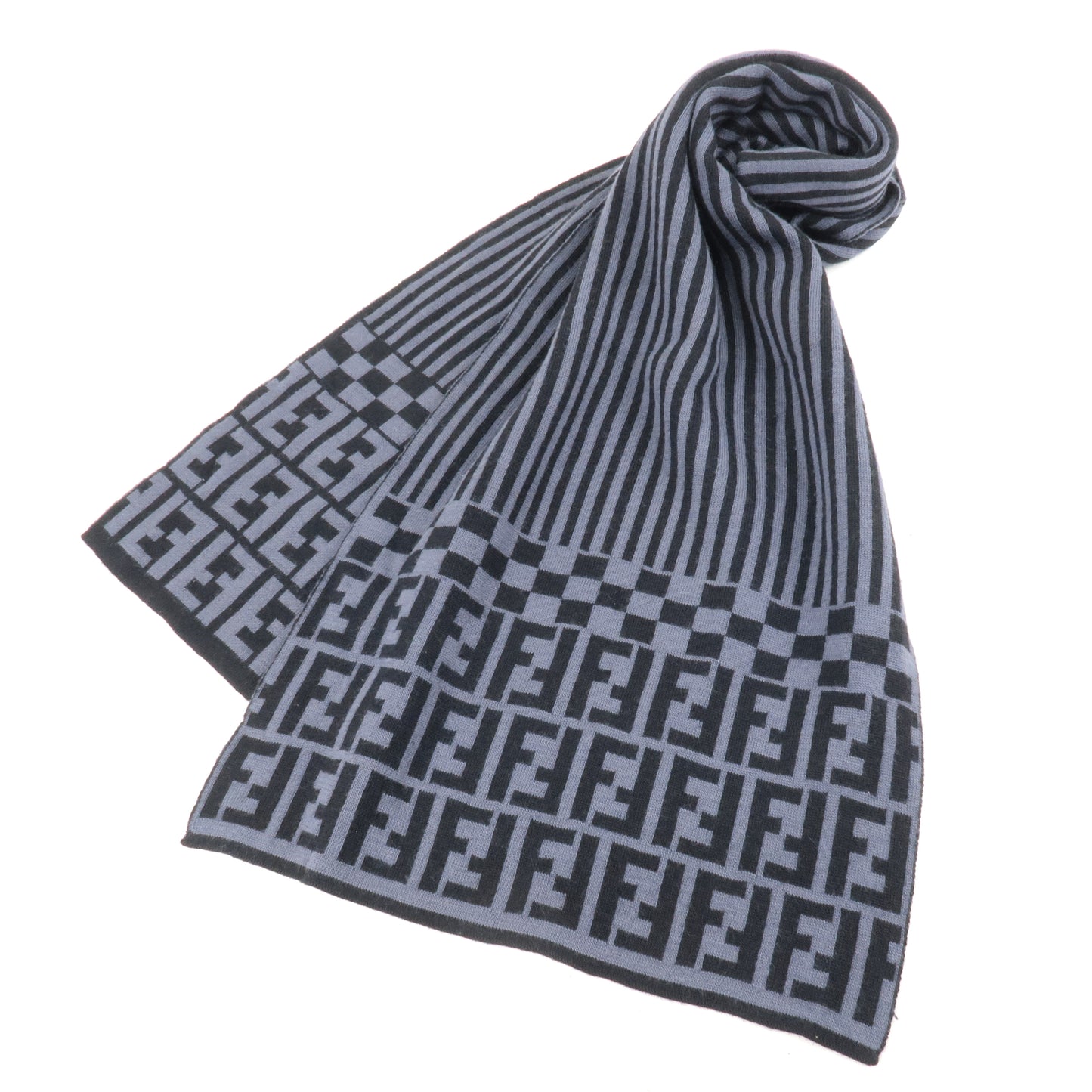 FENDI Zucca Print Wool 100% Knit Scarf Gray Black