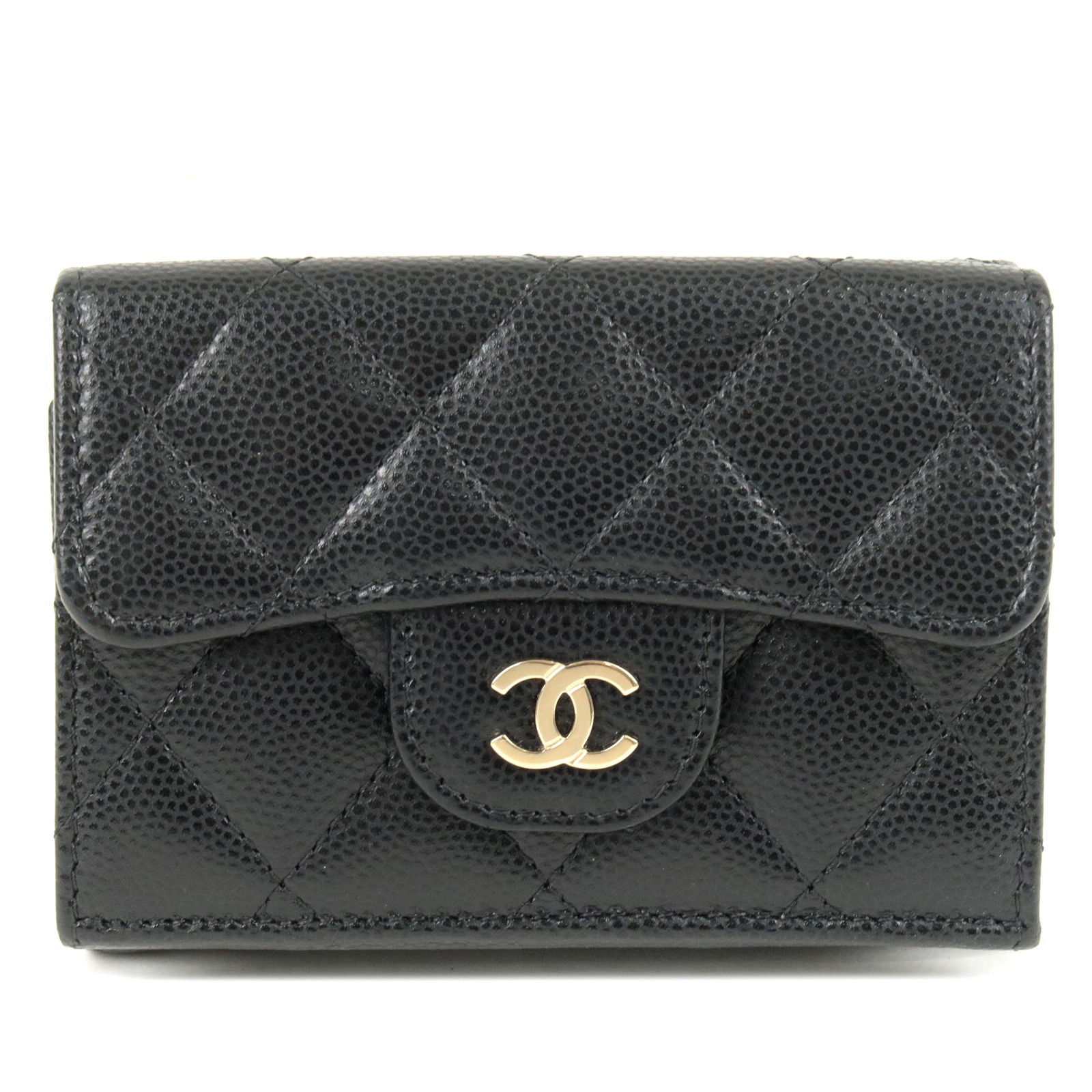 CHANEL Matelasse Caviar Skin Trifold Wallet Leather Black AP0230