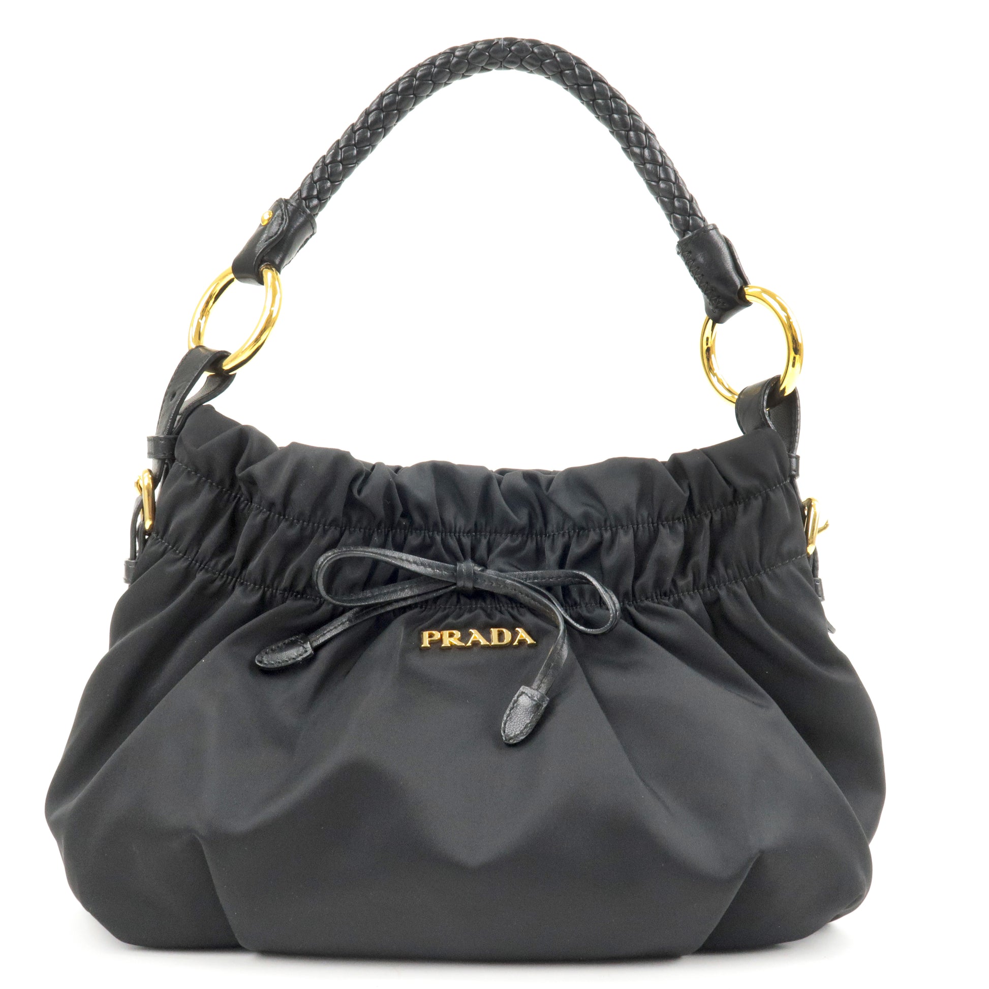 PRADA-Logo-Nylon-Leather-Shoulder-Bag-Hand-Bag-NERO-Black