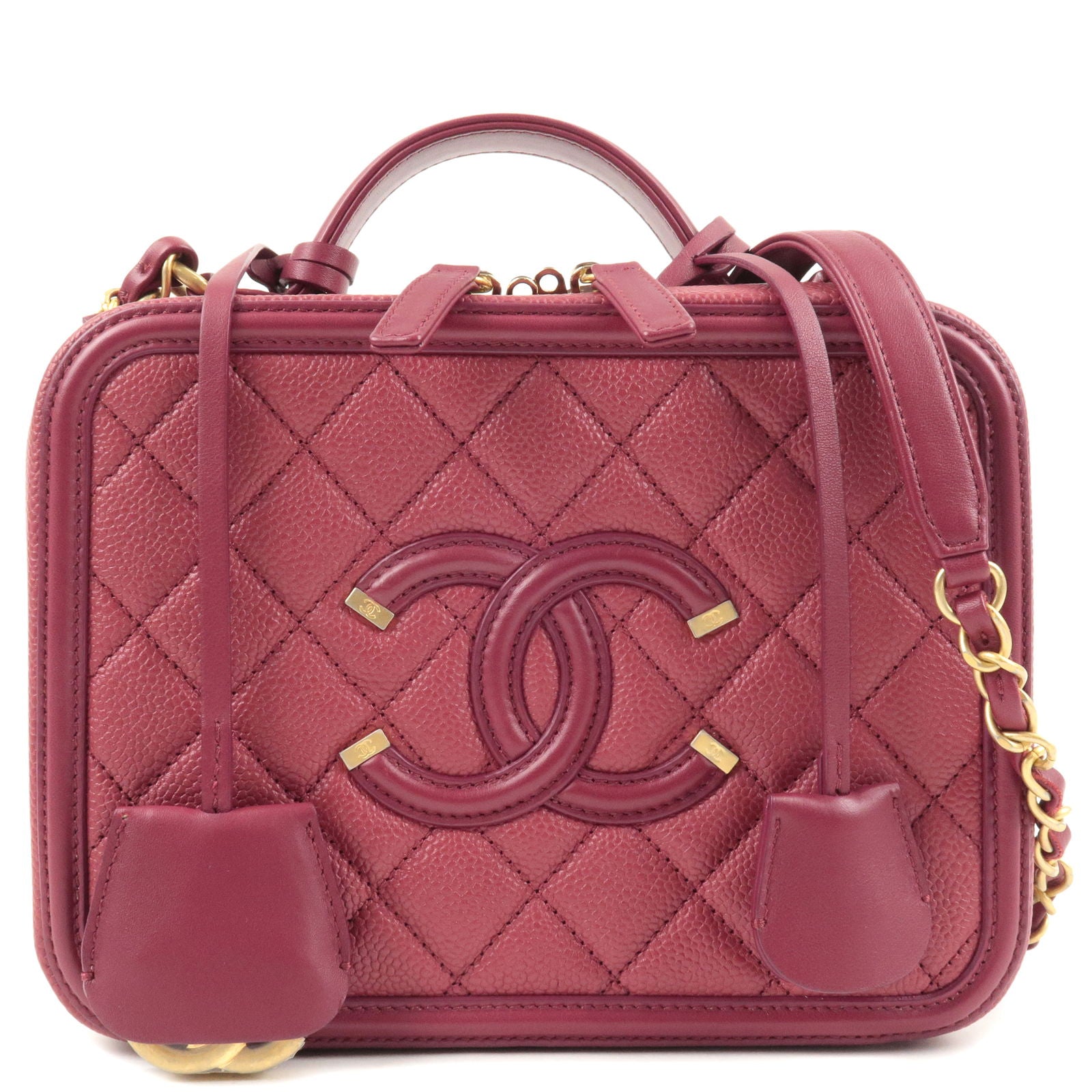 Chanel Red Quilted Caviar Leather Small CC Filigree Vanity Case Bag Chanel