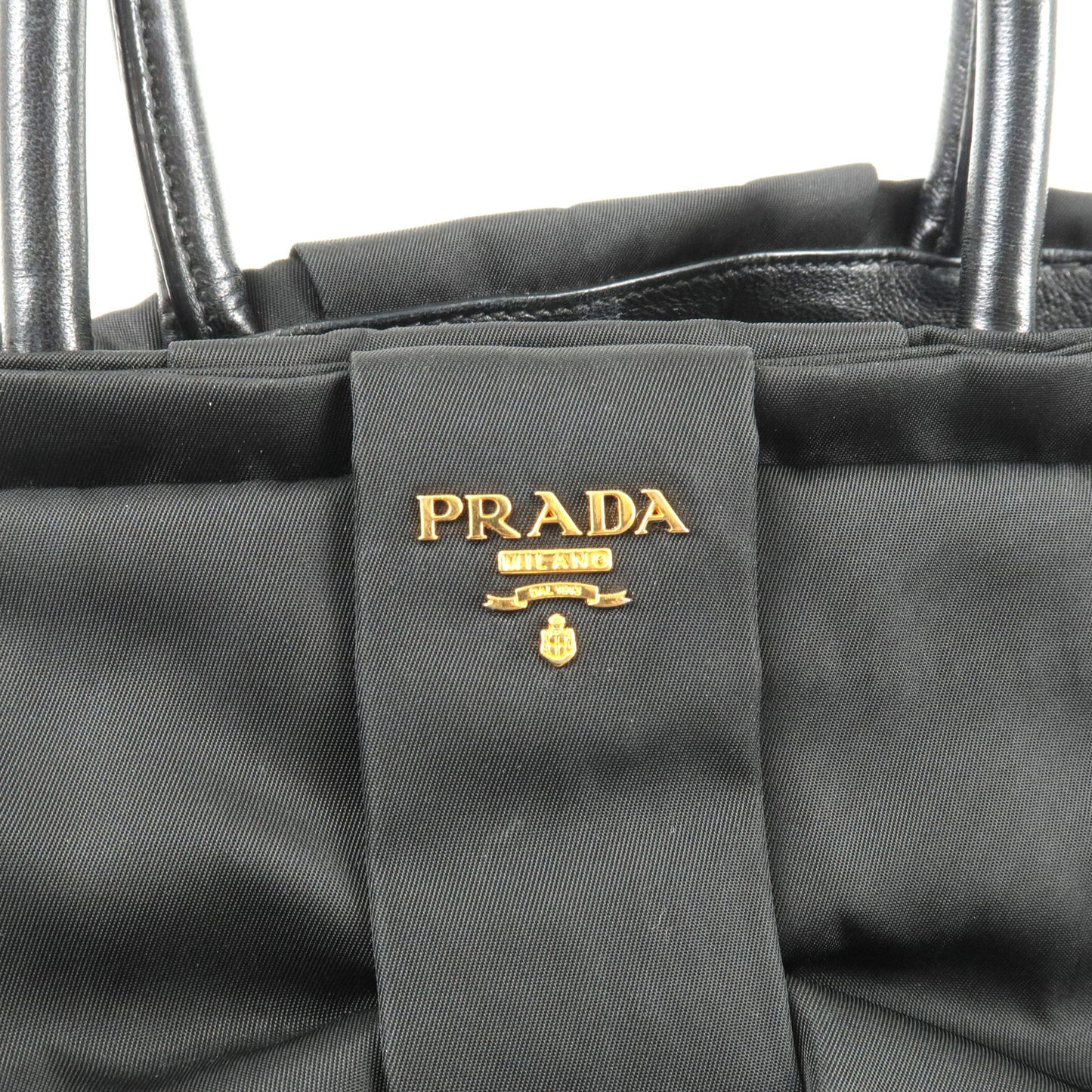 PRADA Logo Nylon Leather Ribbon Tote Bag NERO Black BN1601