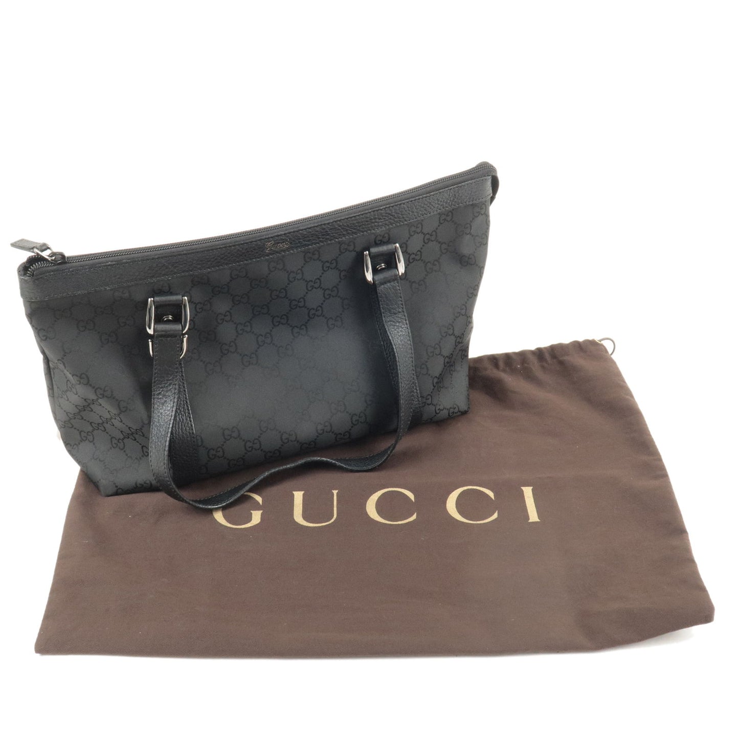 GUCCI GG Nylon Leather Tote Bag Hand Bag Black 268640