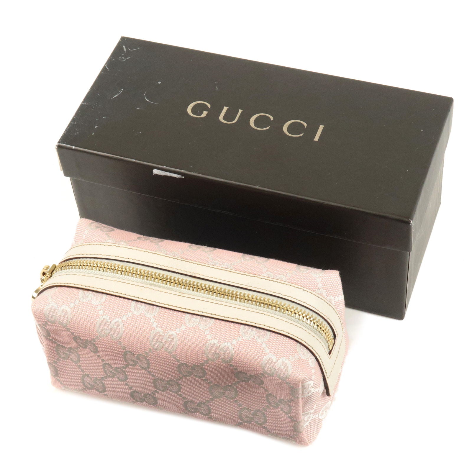 Auth GUCCI Pouch Cosmetic Bag Pink Ivory GG Canvas Leather 153228 Used