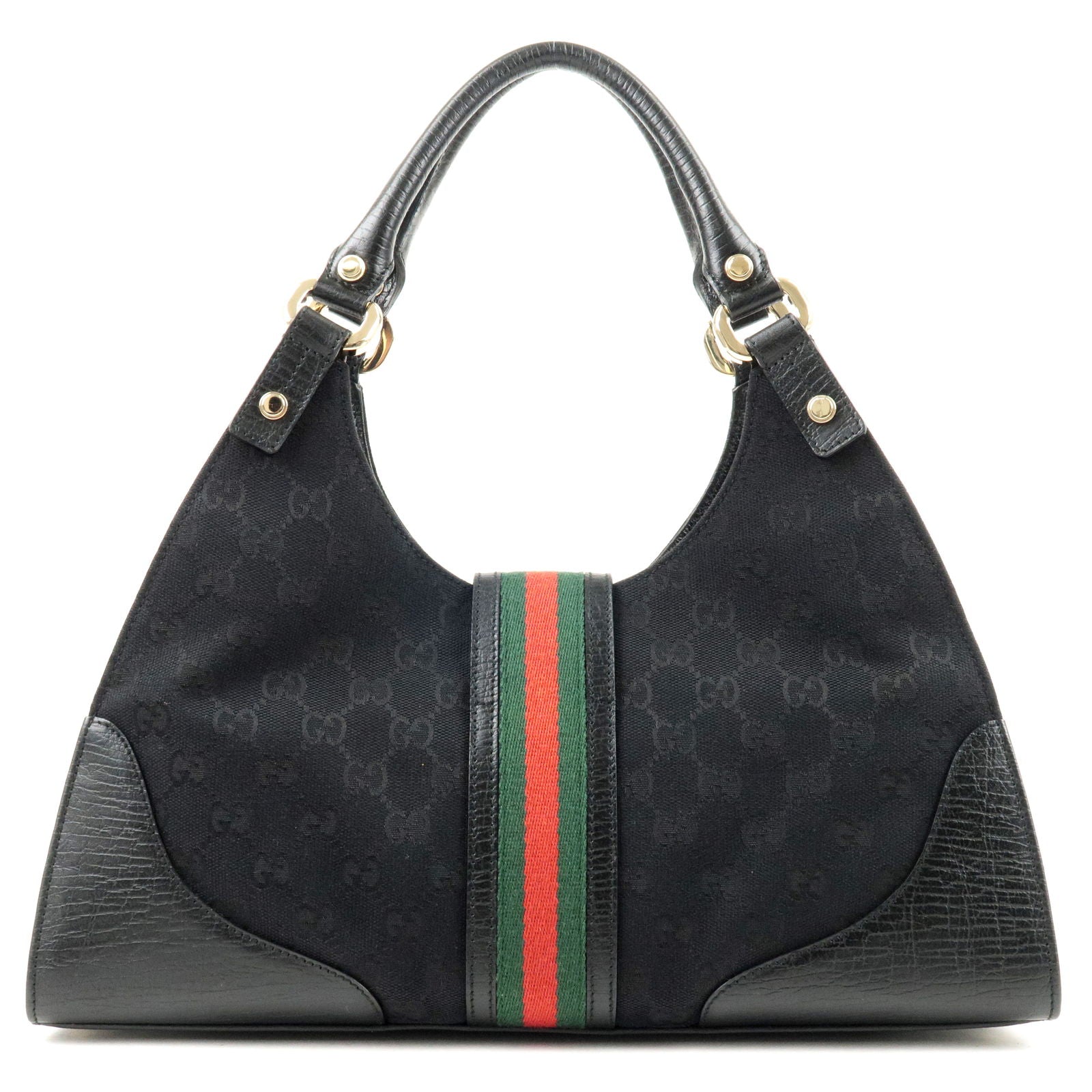 Gucci Italy. Black GG Canvas Striped Jackie Shoulder Bag