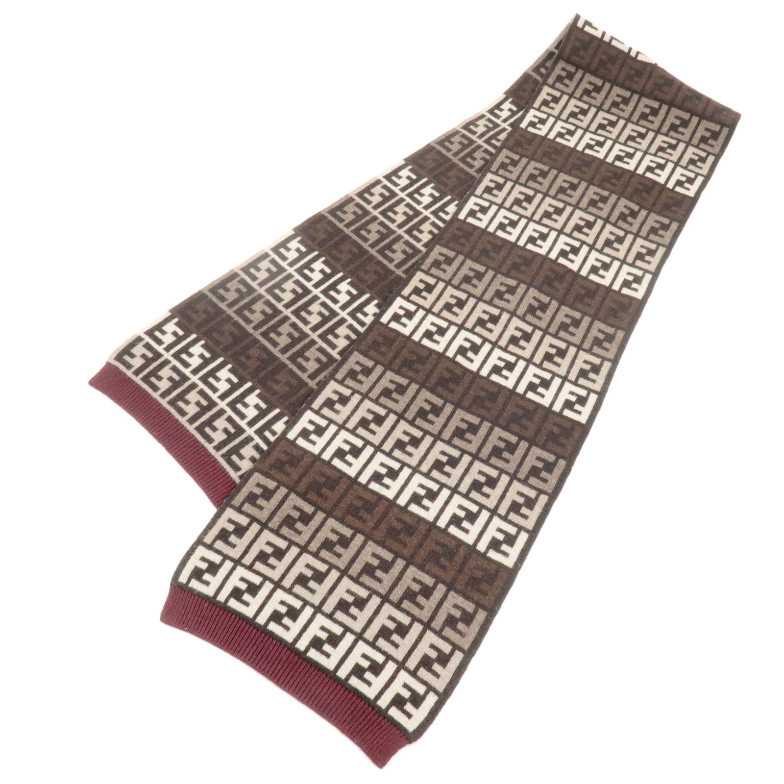 FENDI-Zucca-Wool-Viscose-Nylon-Cashmere-Knit-Scarf-Brown-Beige-Red