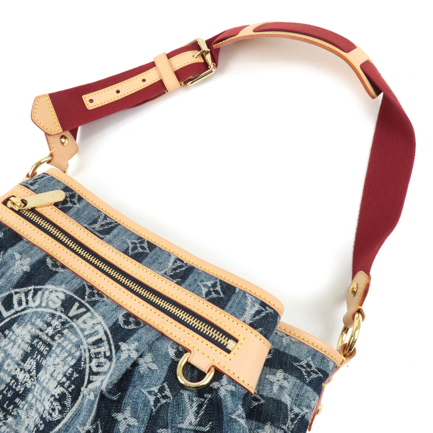 Louis Vuitton, Bags, Vtg Louis Vuitton Porte Epaule Mm Raye Blue Denim  Shoulder Bag Red Strap