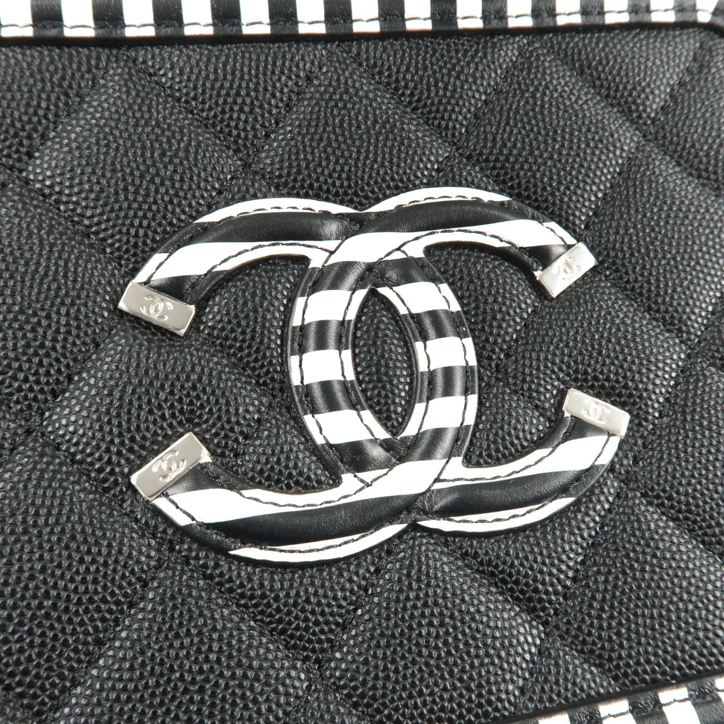 CHANEL CC Filigree Caviar Skin Vanity Case 2Way Bag Stripe A93342