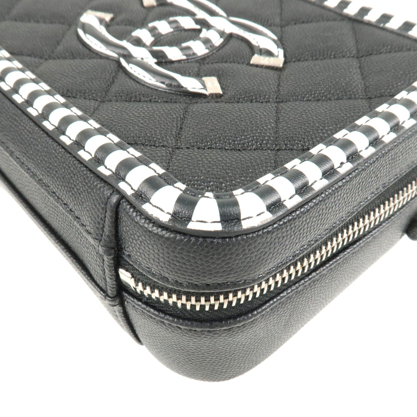 CHANEL CC Filigree Caviar Skin Vanity Case 2Way Bag Stripe A93342