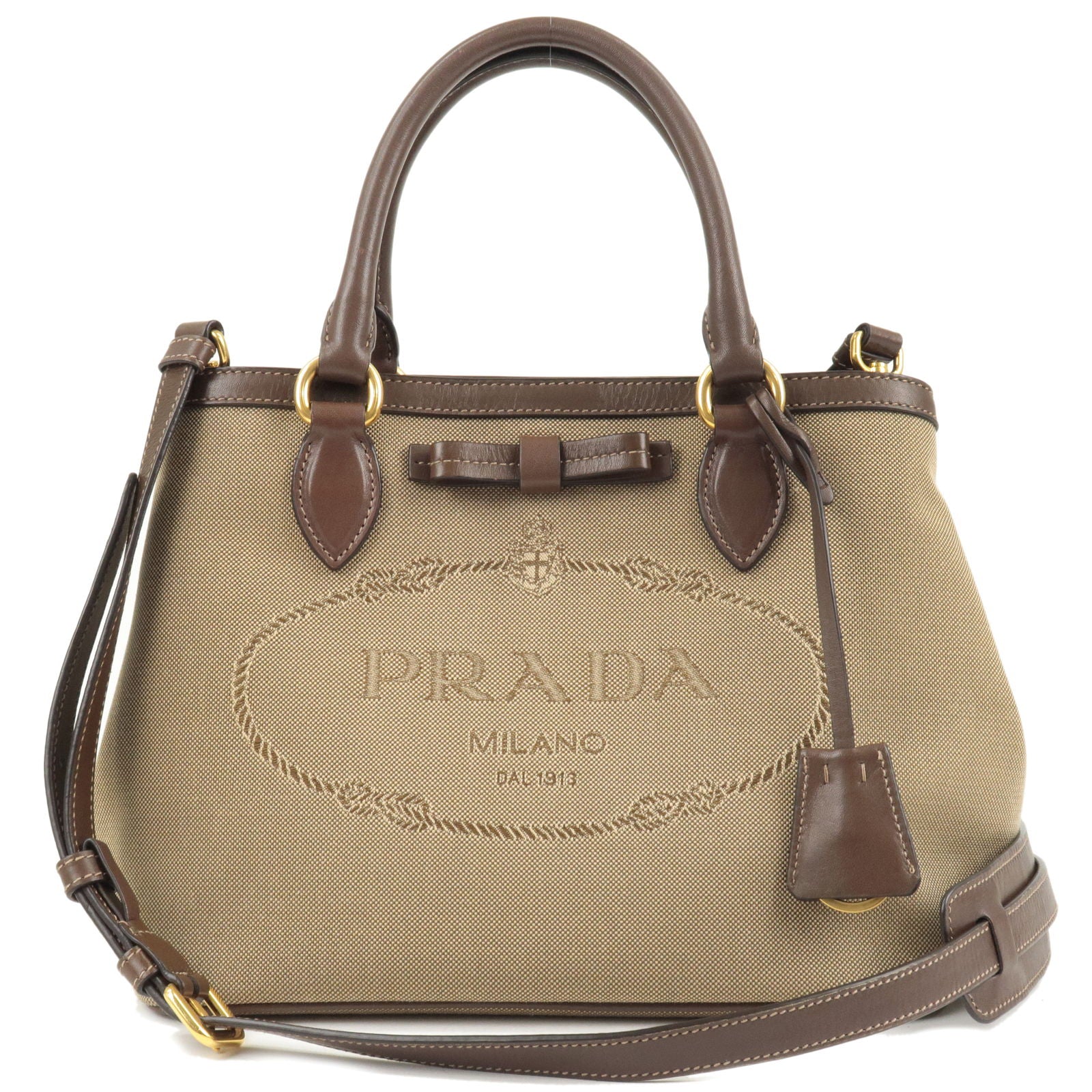 PRADA-Logo-Jacquard-Leather-2Way-Bag-Hand-Bag-Beige-1BA579