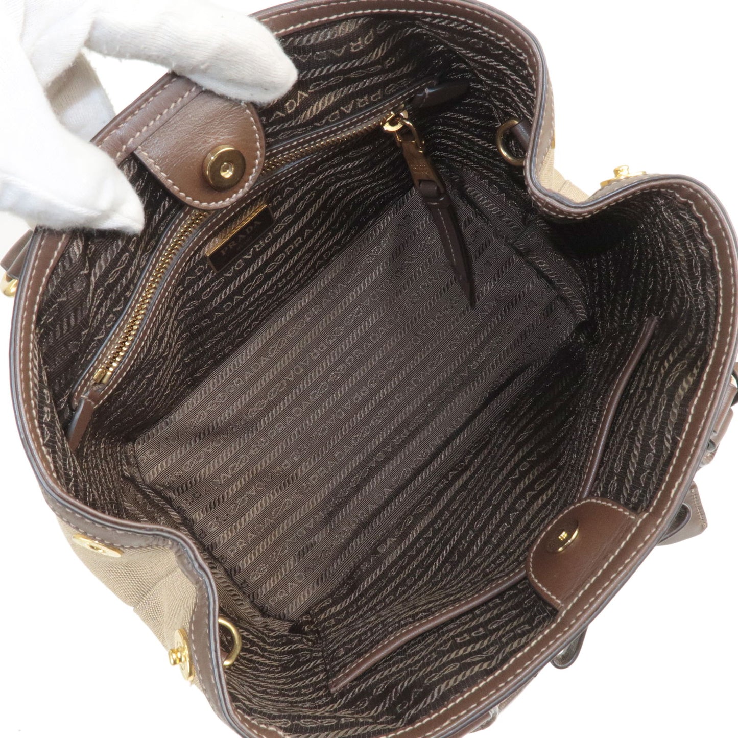 PRADA Logo Jacquard Leather 2Way Bag Hand Bag Beige 1BA579
