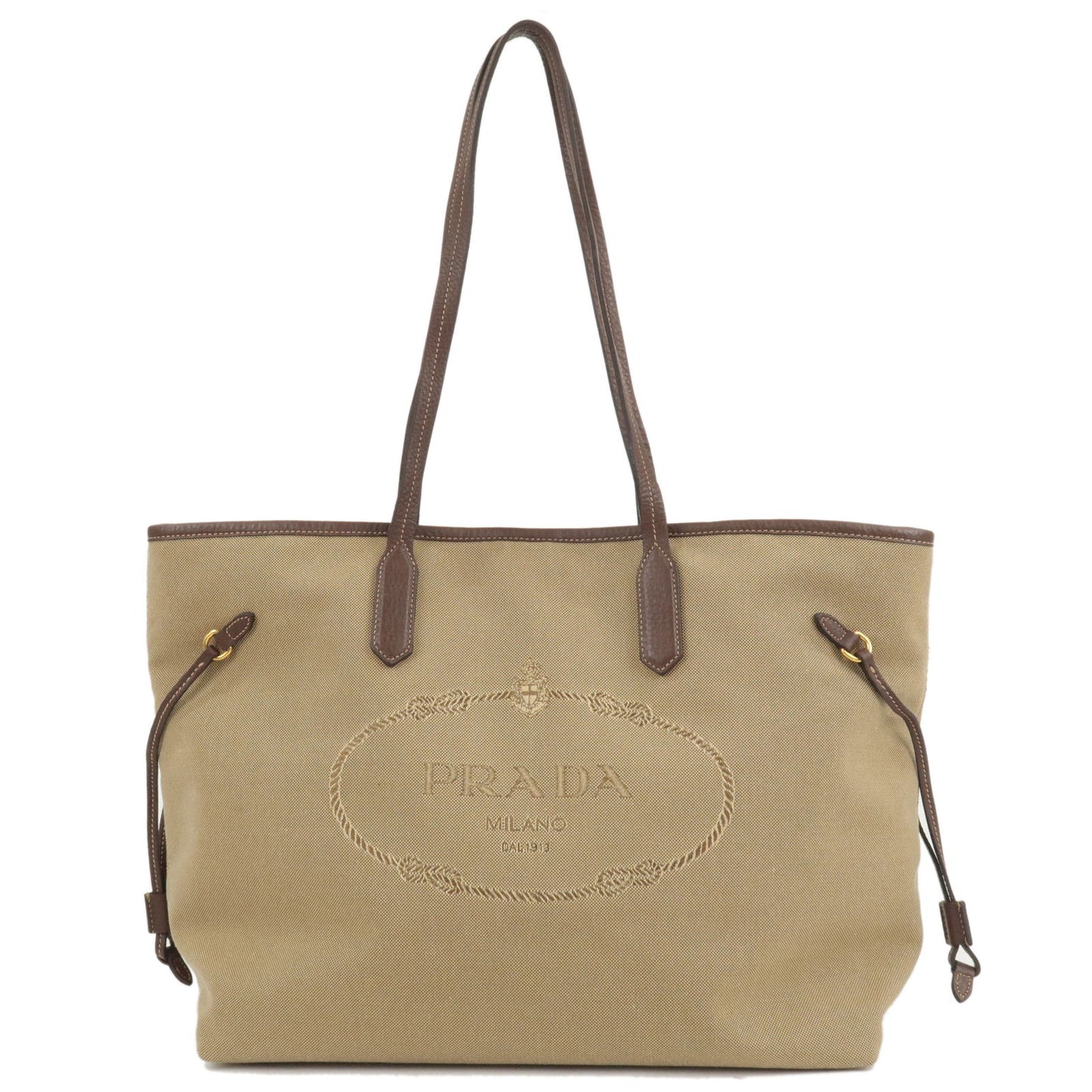 PRADA-Logo-Jacquard-Leather-Tote-Bag-Hand-Bag-Beige-Brown