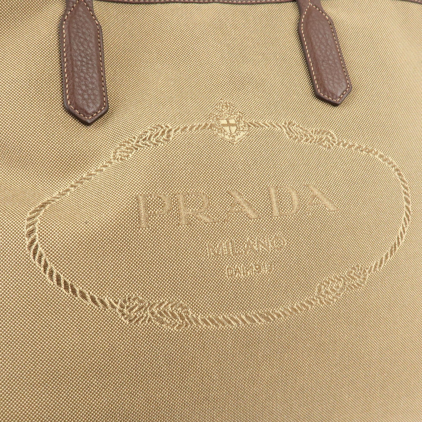 PRADA Logo Jacquard Leather Tote Bag Hand Bag Beige Brown
