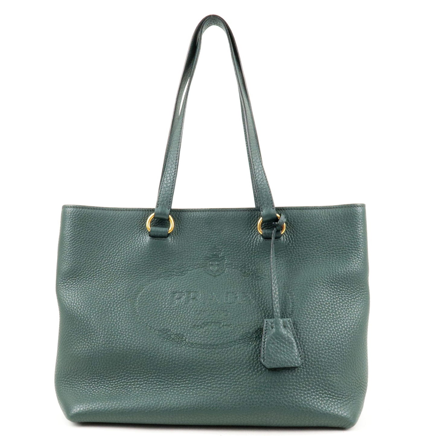 PRADA-Logo-Leather-Tote-Bag-Hand-Bag-Green-1BG100